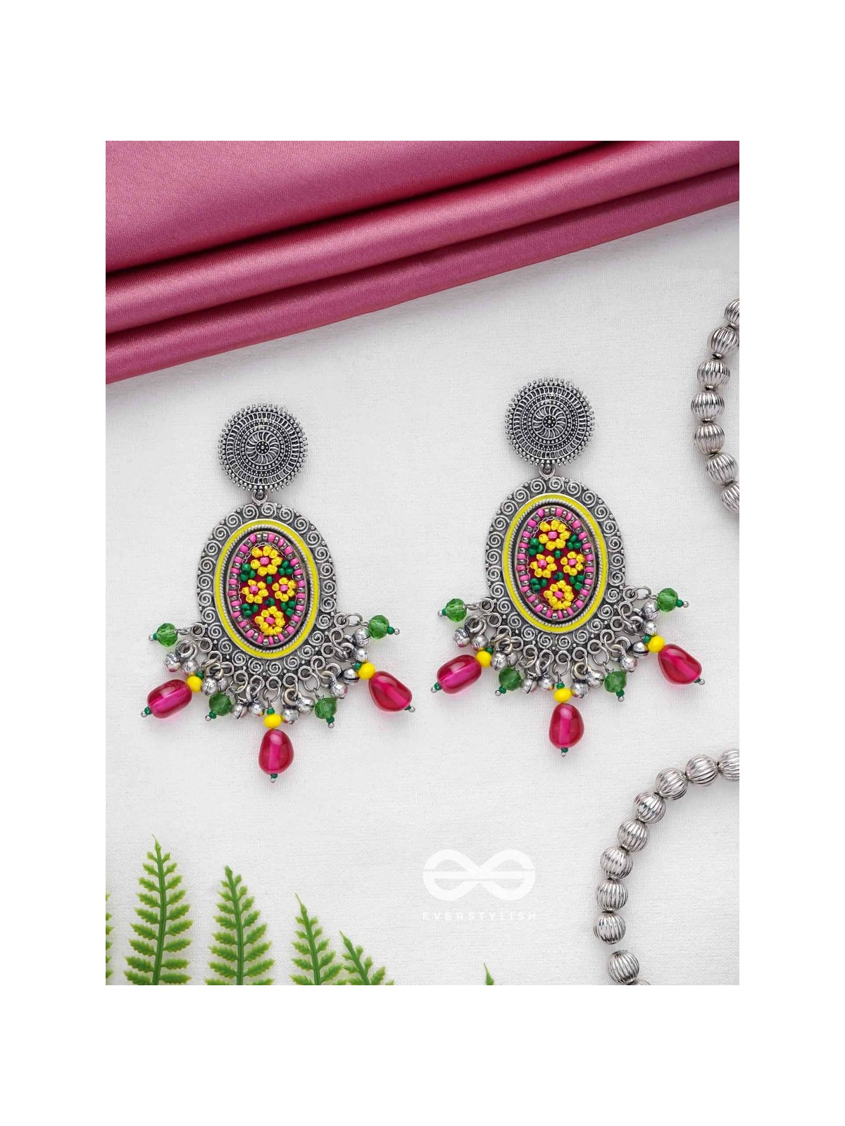 MISHRAKA - GARDEN OF PARADISE - RESHAM AND BEADS EMBROIDERED AND OXIDISED EARRINGS