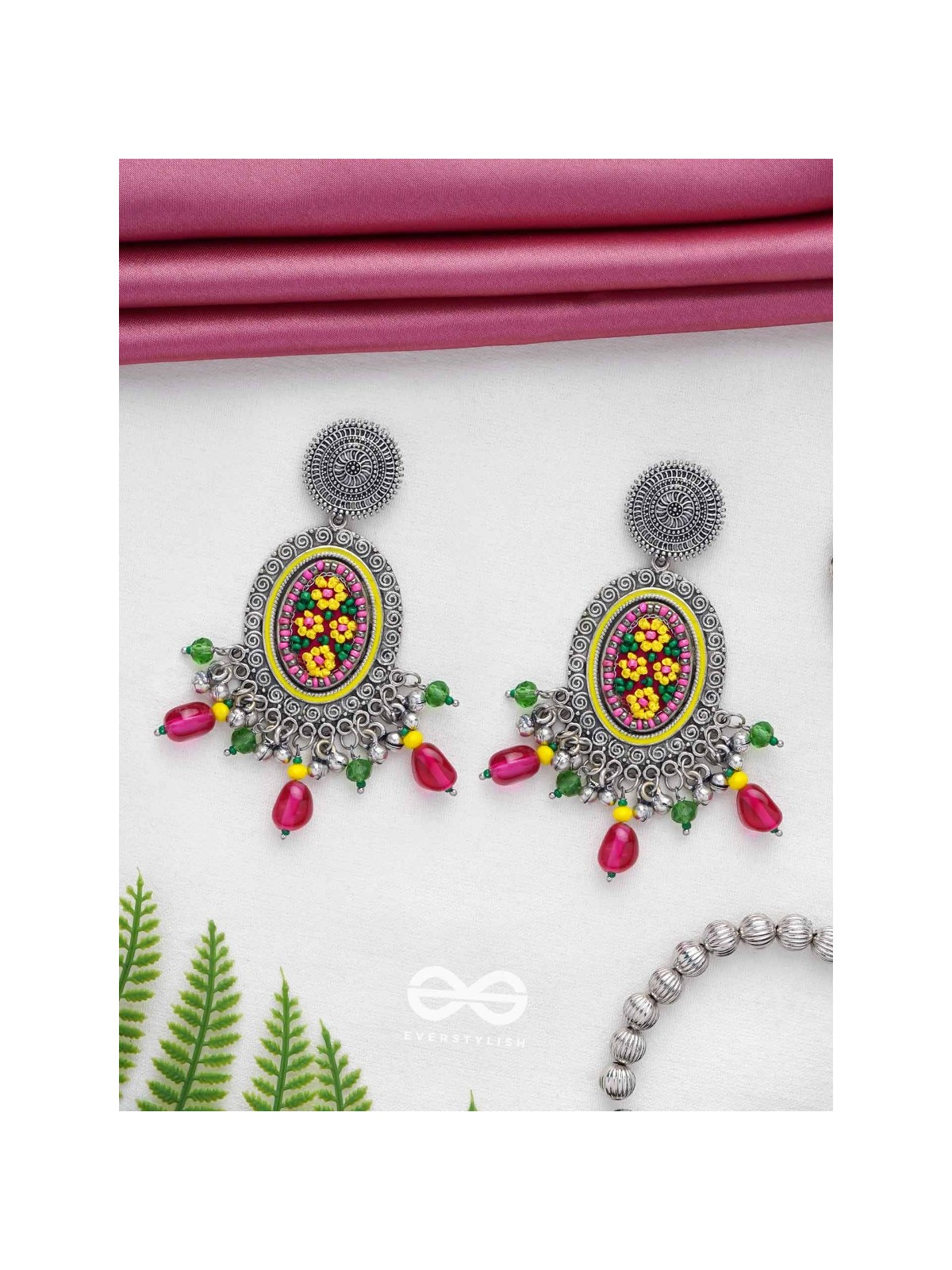 MISHRAKA - GARDEN OF PARADISE - RESHAM AND BEADS EMBROIDERED AND OXIDISED EARRINGS
