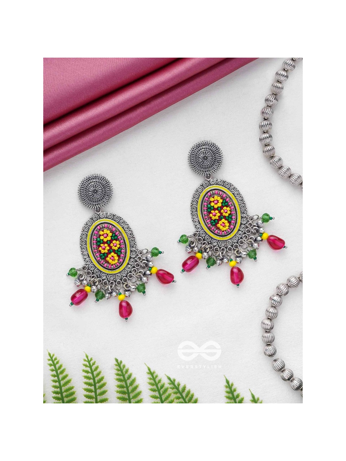 MISHRAKA - GARDEN OF PARADISE - RESHAM AND BEADS EMBROIDERED AND OXIDISED EARRINGS