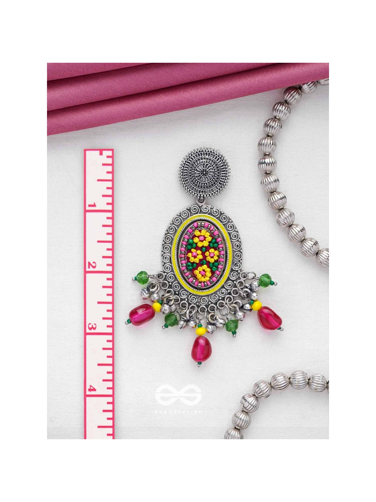 MISHRAKA - GARDEN OF PARADISE - RESHAM AND BEADS EMBROIDERED AND OXIDISED EARRINGS