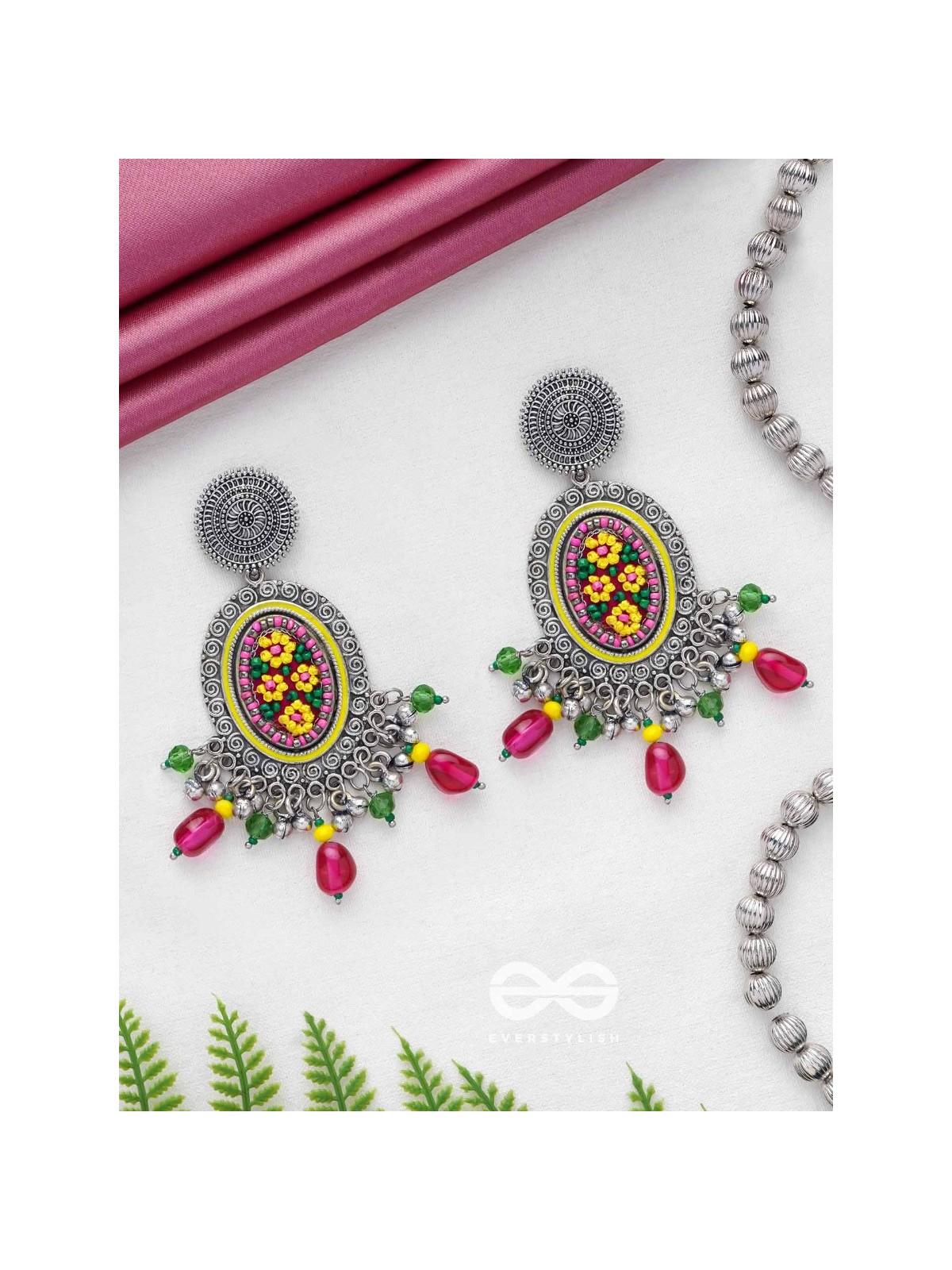 MISHRAKA - GARDEN OF PARADISE - RESHAM AND BEADS EMBROIDERED AND OXIDISED EARRINGS