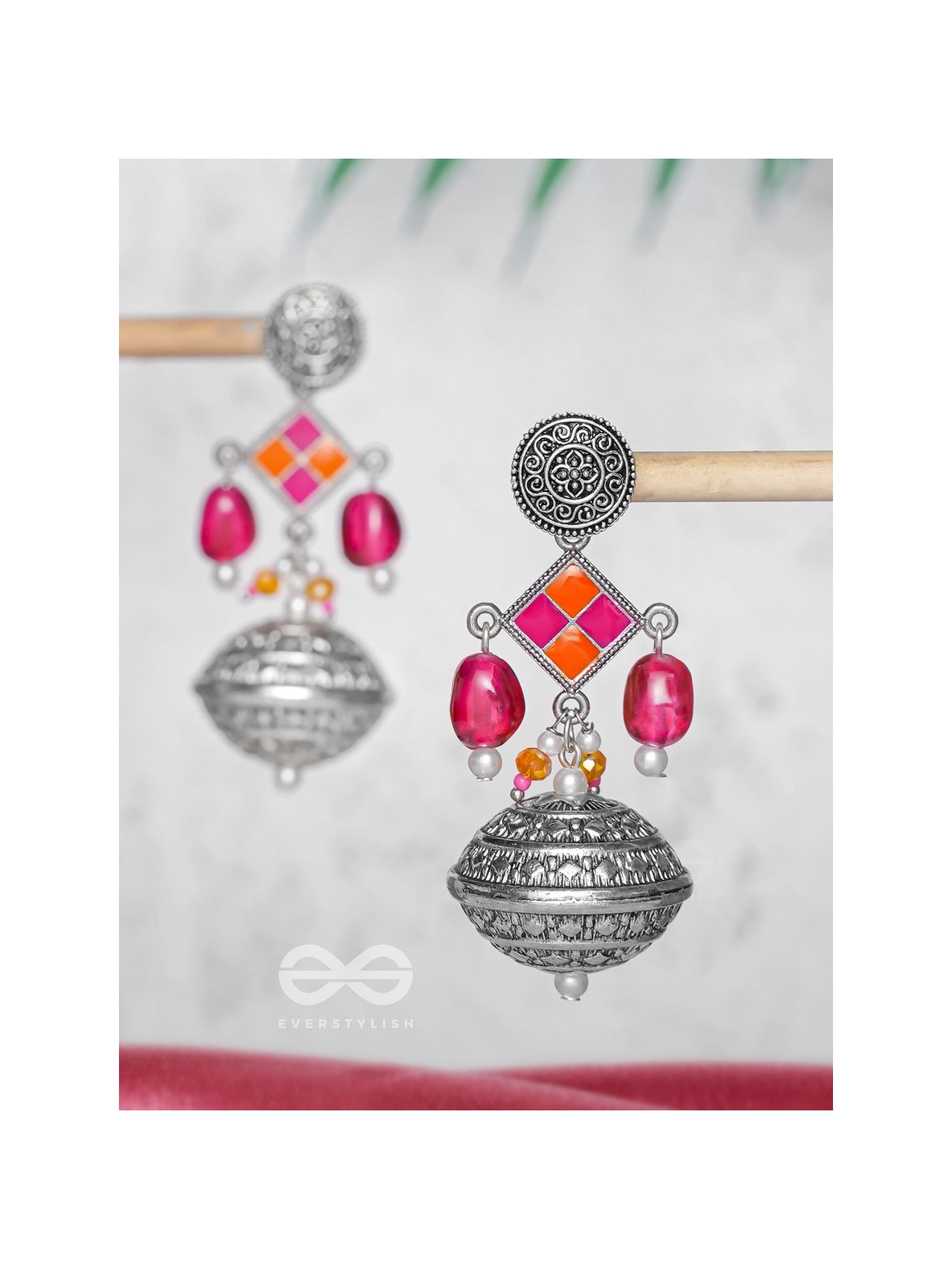 THE PINK MIRAGE - EMBELLISHED OXIDISED JHUMKA EARRINGS
