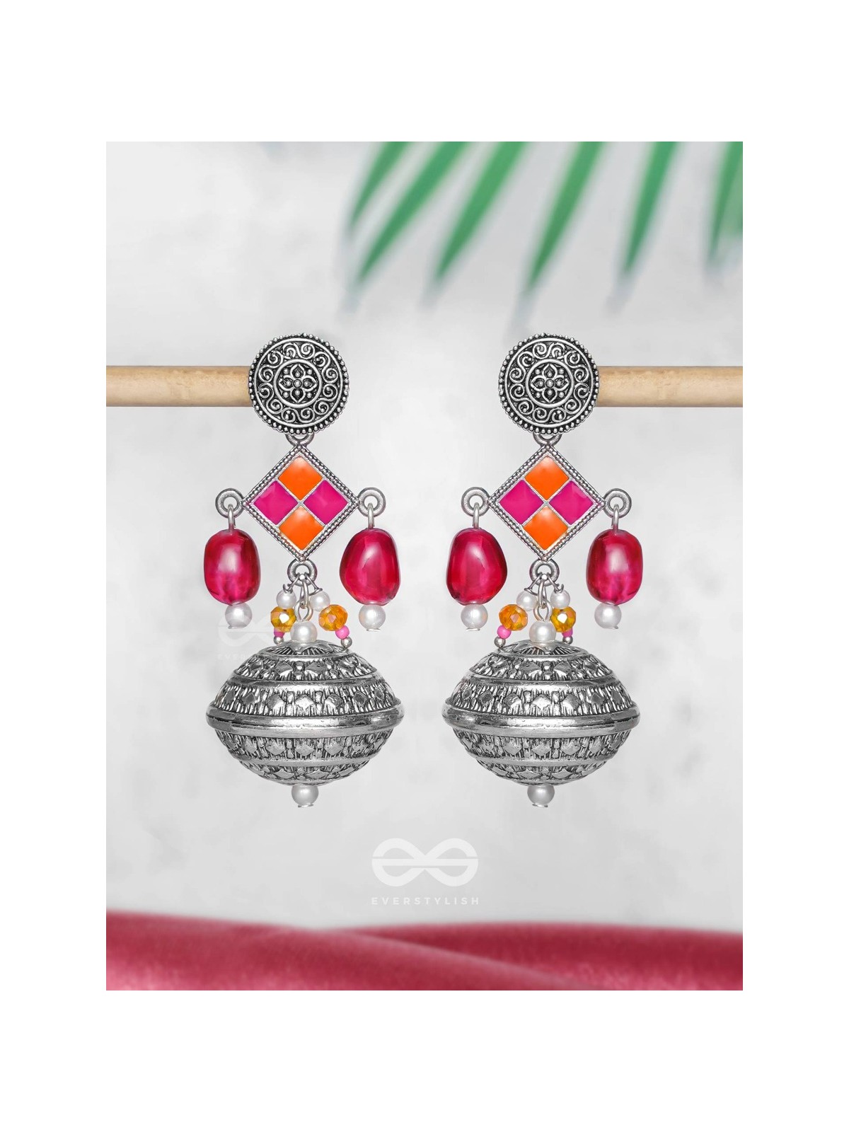 THE PINK MIRAGE - EMBELLISHED OXIDISED JHUMKA EARRINGS