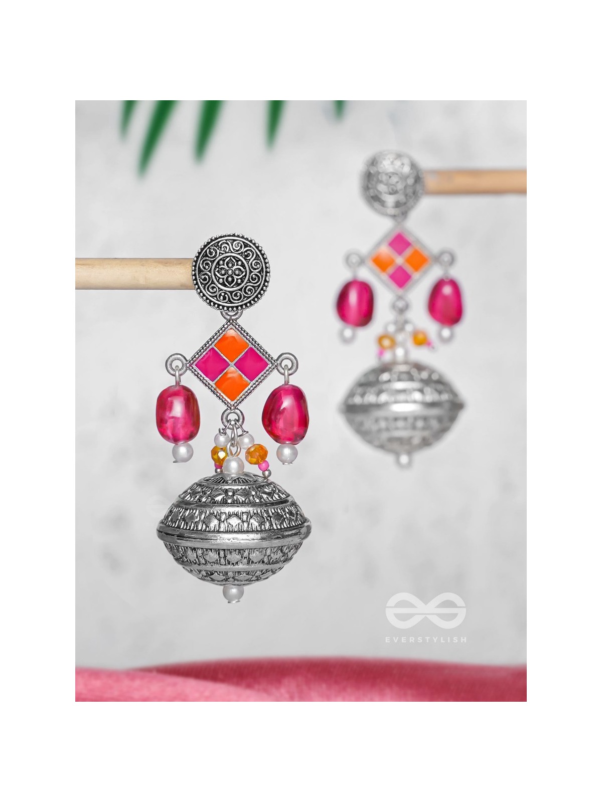 THE PINK MIRAGE - EMBELLISHED OXIDISED JHUMKA EARRINGS