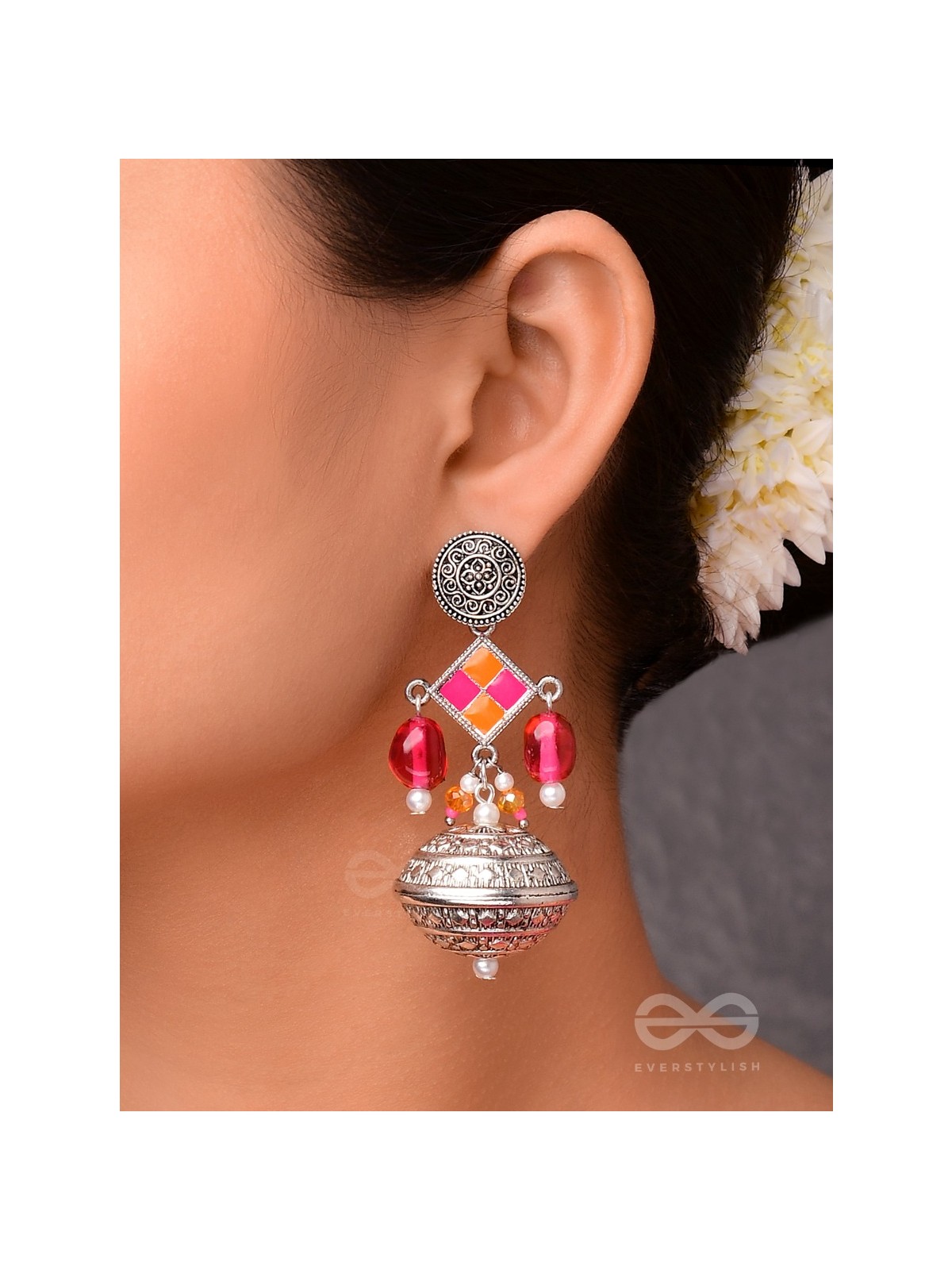 THE PINK MIRAGE - EMBELLISHED OXIDISED JHUMKA EARRINGS