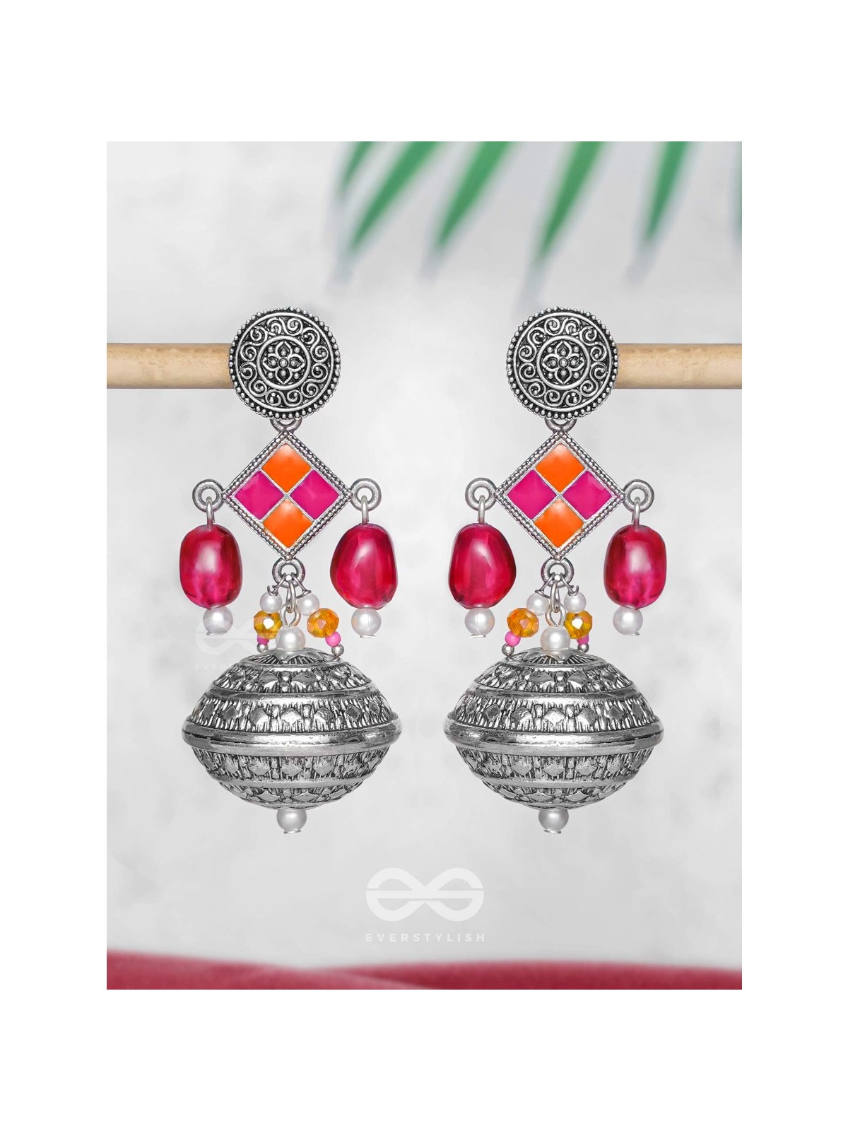 THE PINK MIRAGE - EMBELLISHED OXIDISED JHUMKA EARRINGS