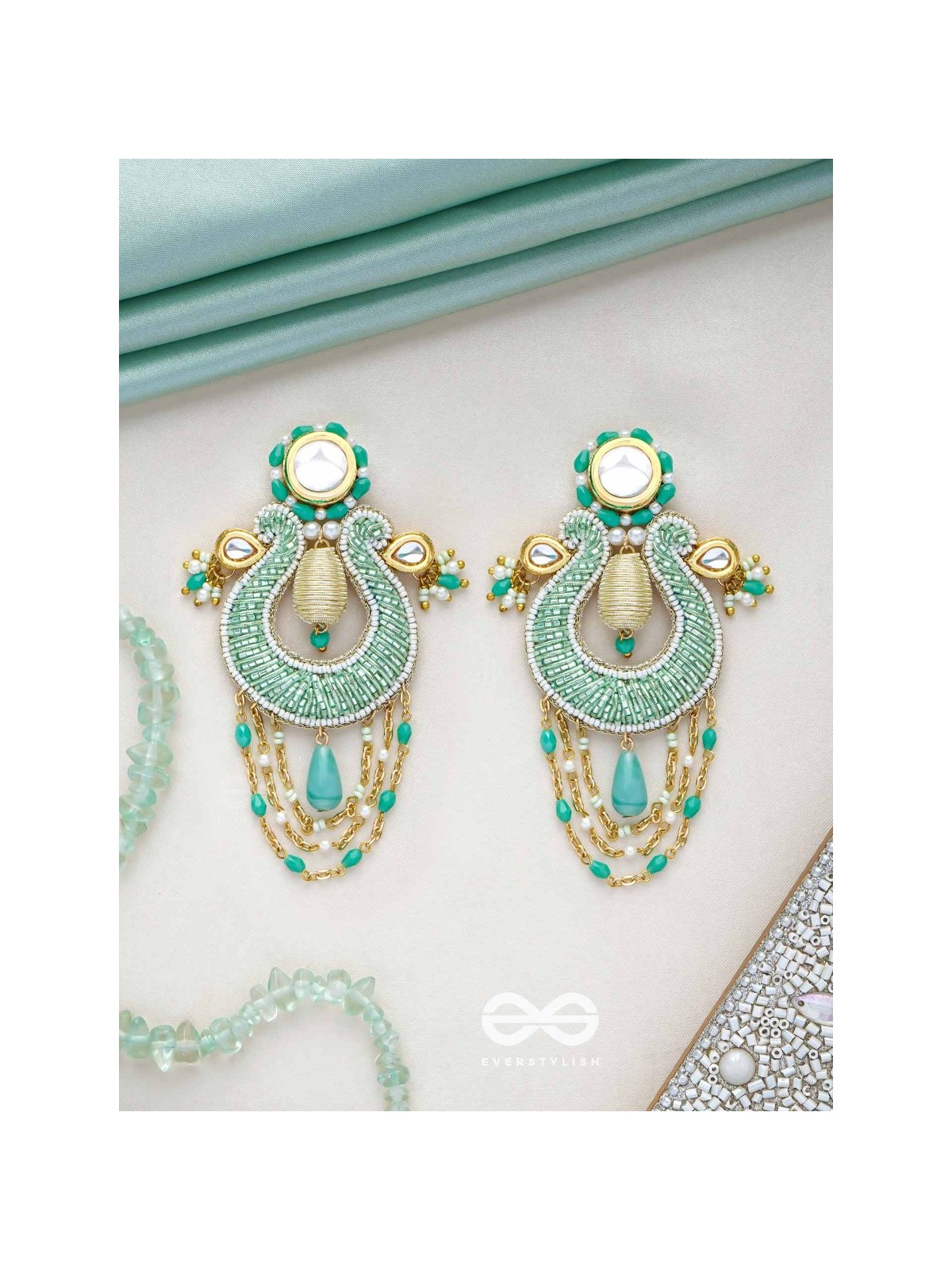 Akasesa - Jewel Of The Sky - Beads, Cutdana, Polki And Kundan Finished Hand Embroidered Earrings