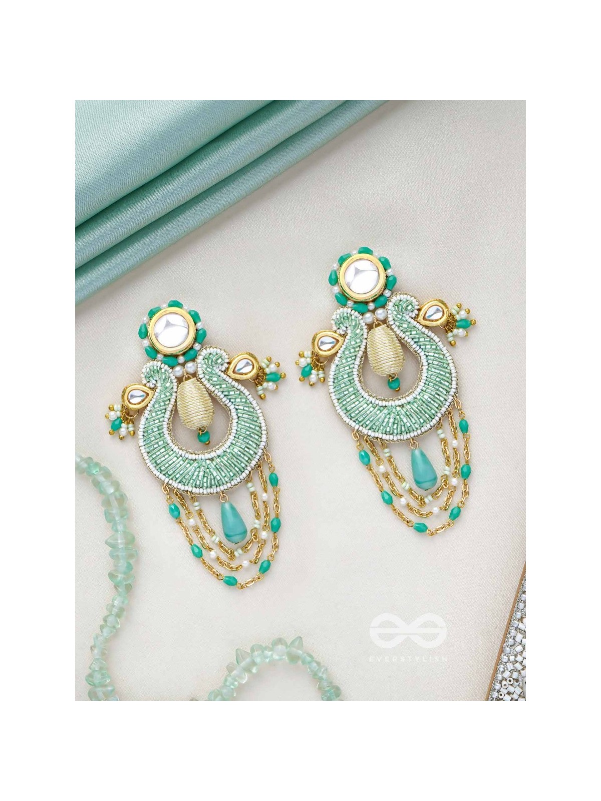 Akasesa - Jewel Of The Sky - Beads, Cutdana, Polki And Kundan Finished Hand Embroidered Earrings