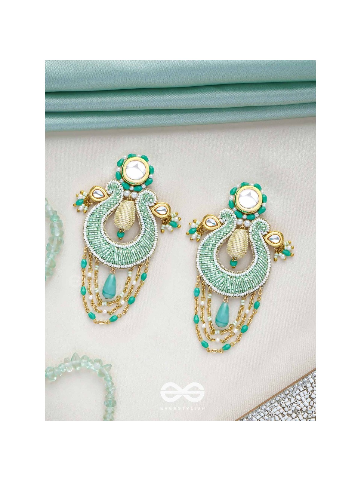 Akasesa - Jewel Of The Sky - Beads, Cutdana, Polki And Kundan Finished Hand Embroidered Earrings