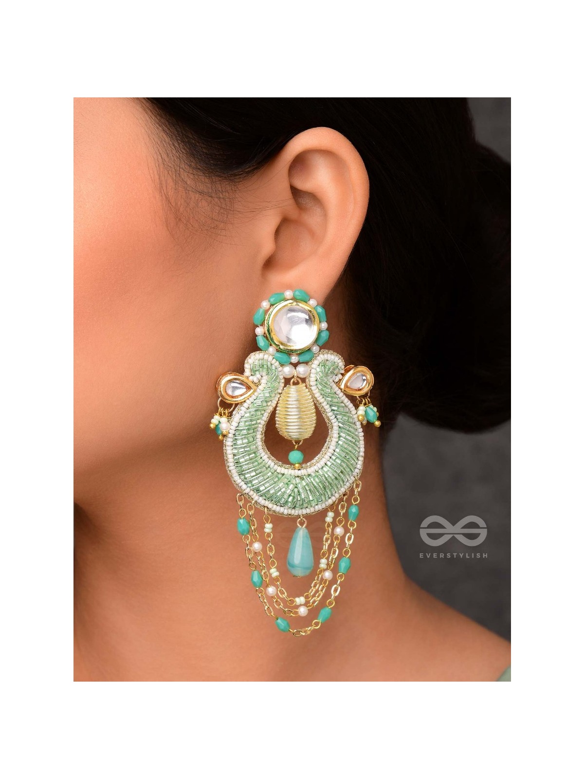 Akasesa - Jewel Of The Sky - Beads, Cutdana, Polki And Kundan Finished Hand Embroidered Earrings