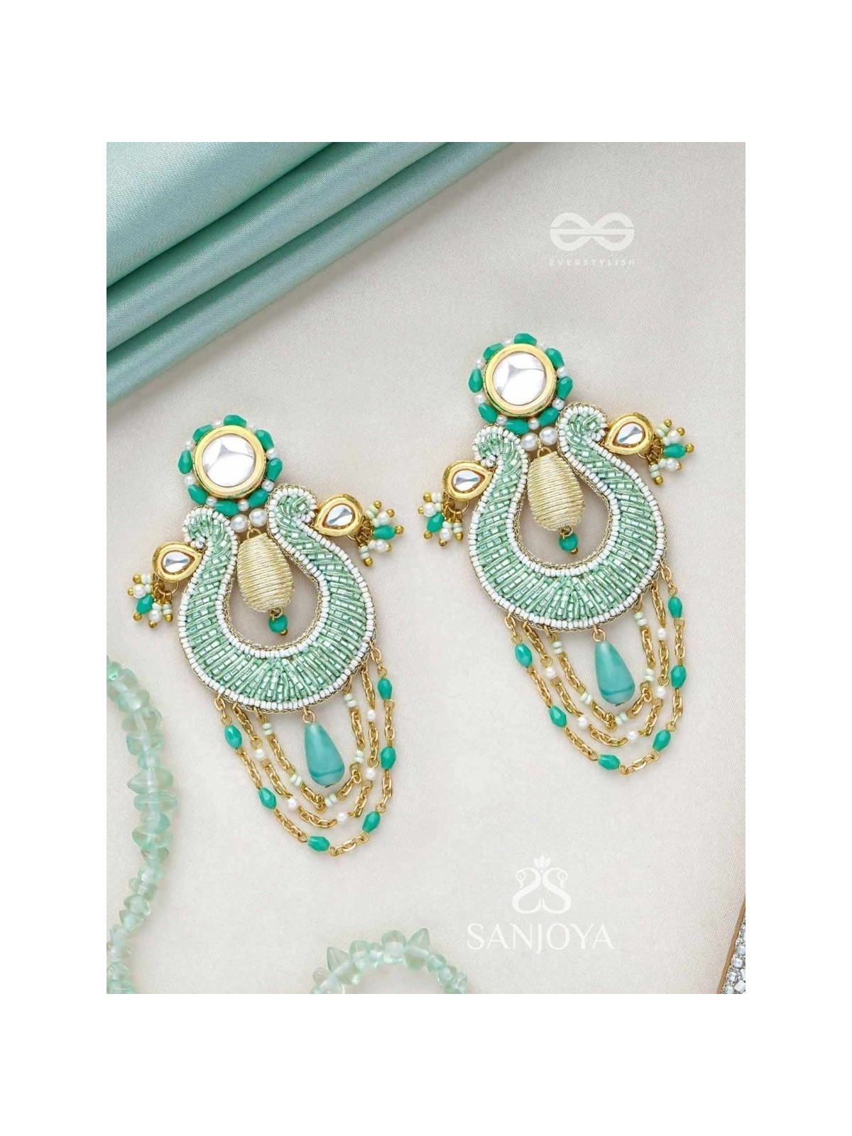 Akasesa - Jewel Of The Sky - Beads, Cutdana, Polki And Kundan Finished Hand Embroidered Earrings
