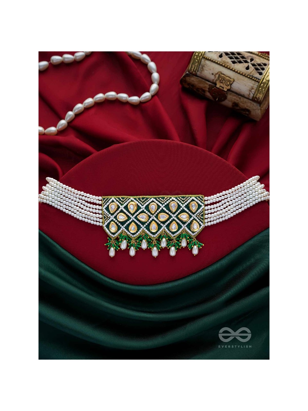 Ardrata- The Emerald Finesse- Beads, Pearl Drops, Polki And Kundan Finished Hand Embroidered Choker Neckpiece