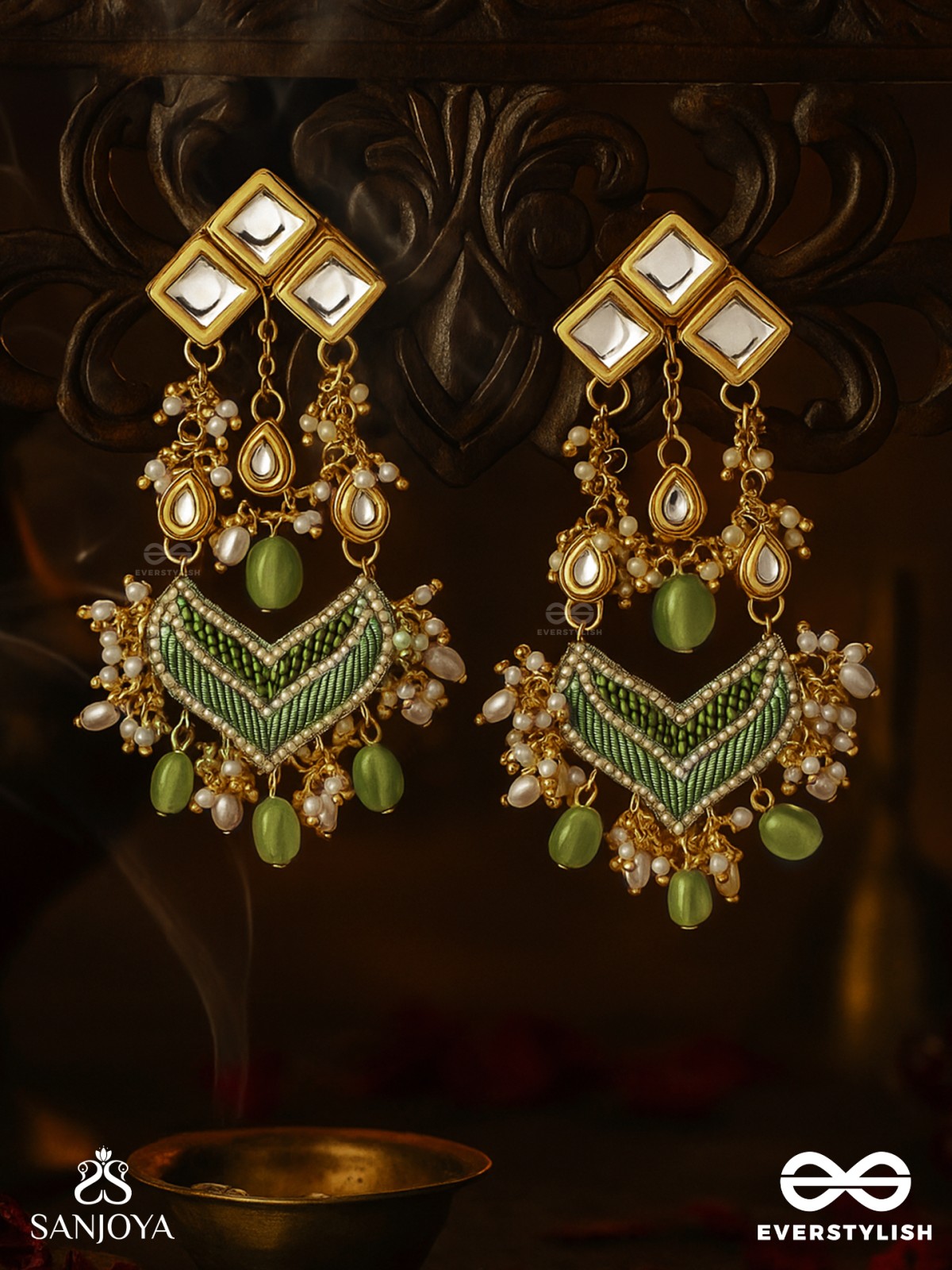 Saratas -  Mystic Mints - Beads, Polki And Kundan Finished Hand Embroidered Earrings