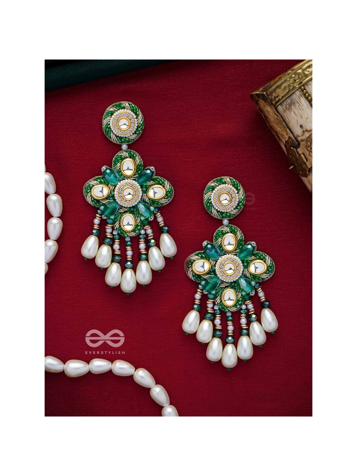 Anutva - The Royal Embrace - Pearls, Beads, Cutdana, Polki And Kundan Finished Hand Embroidered Earrings 