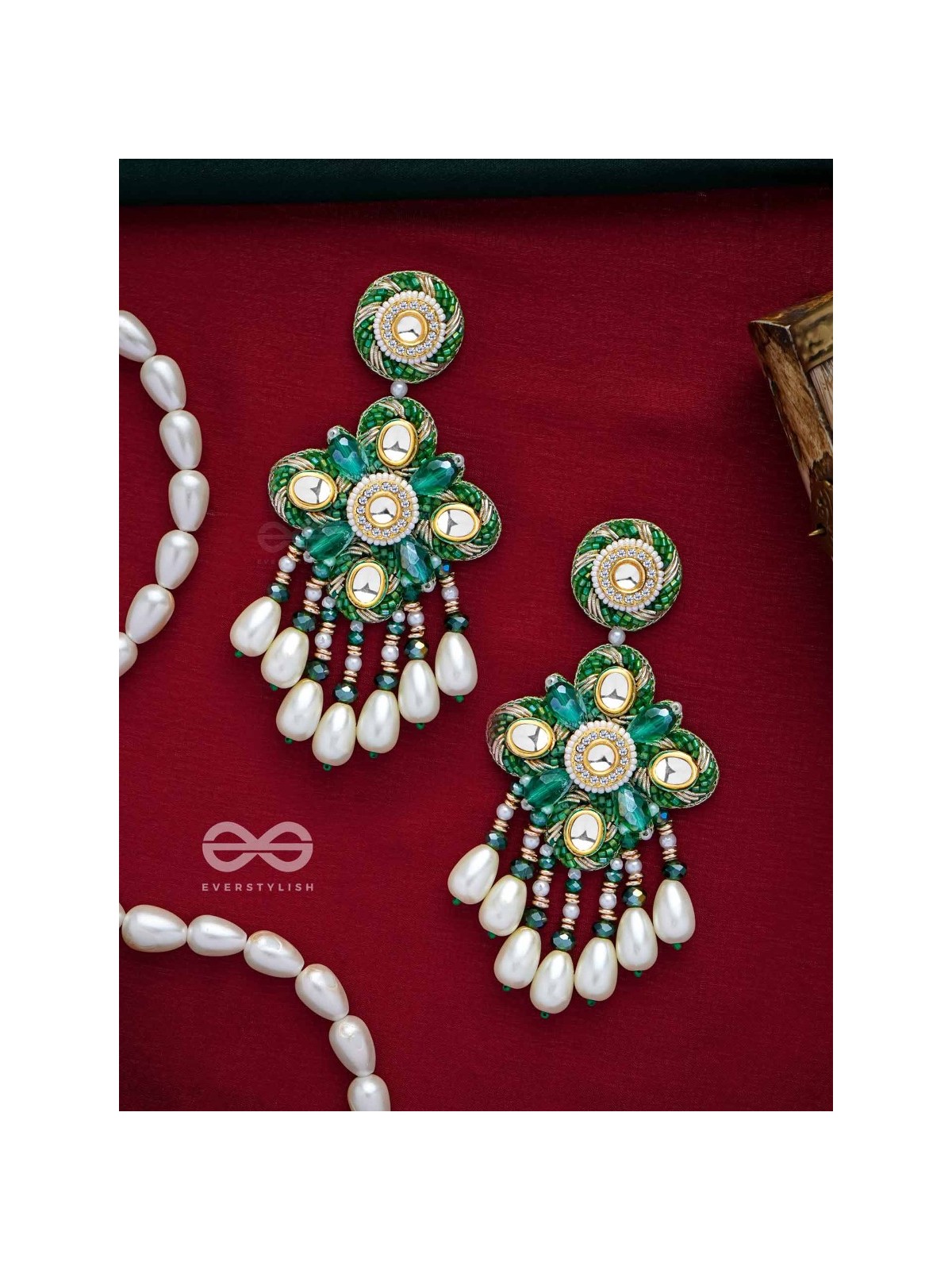 Anutva - The Royal Embrace - Pearls, Beads, Cutdana, Polki And Kundan Finished Hand Embroidered Earrings 