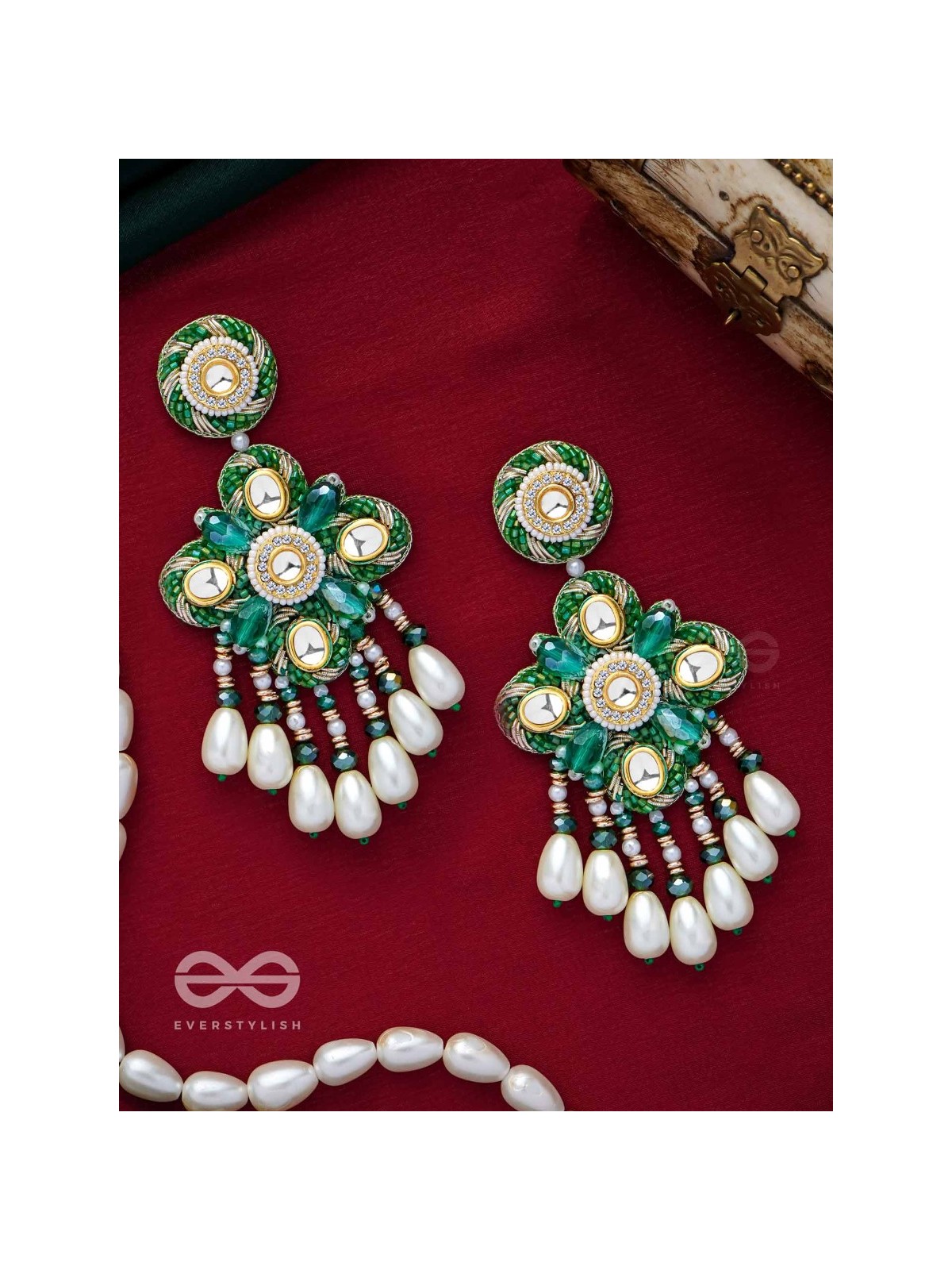 Anutva - The Royal Embrace - Pearls, Beads, Cutdana, Polki And Kundan Finished Hand Embroidered Earrings 