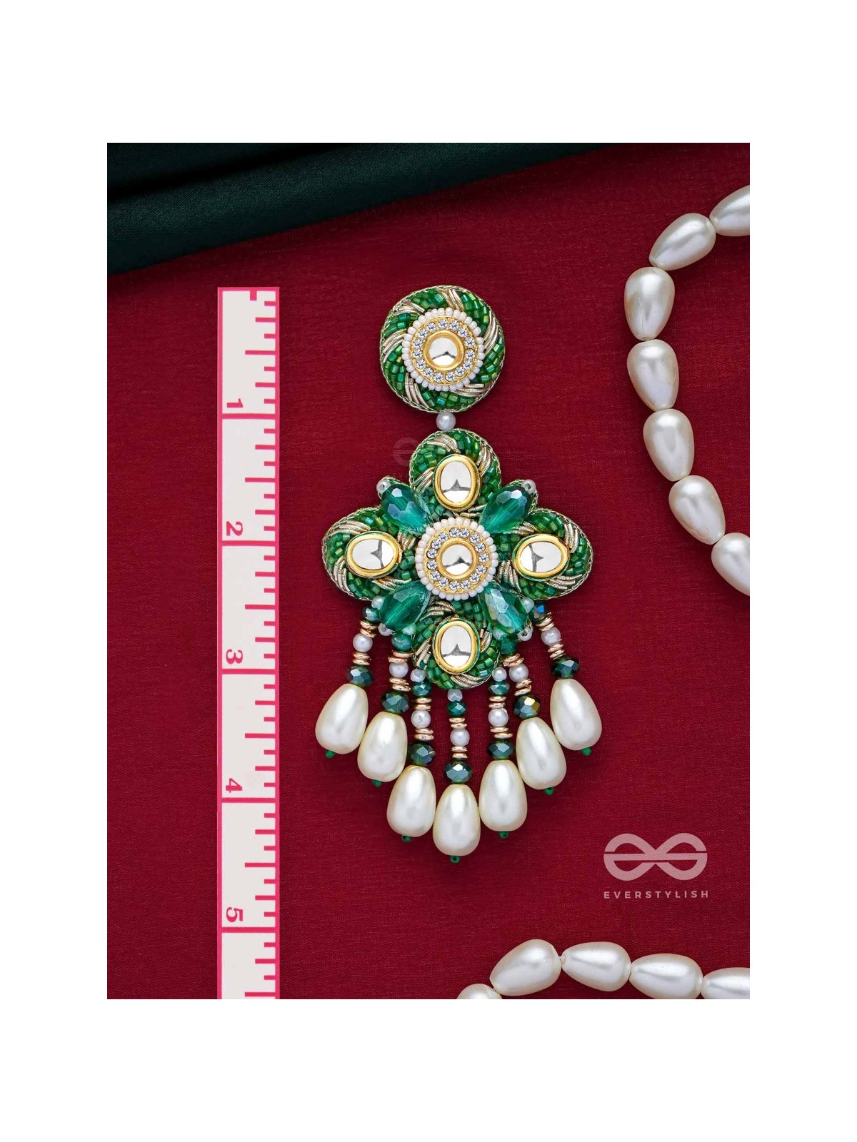 Anutva - The Royal Embrace - Pearls, Beads, Cutdana, Polki And Kundan Finished Hand Embroidered Earrings 