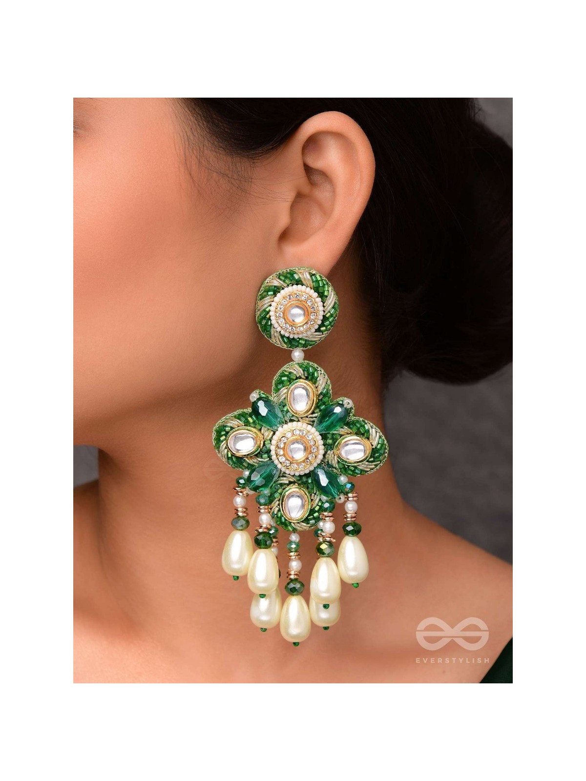 Anutva - The Royal Embrace - Pearls, Beads, Cutdana, Polki And Kundan Finished Hand Embroidered Earrings 