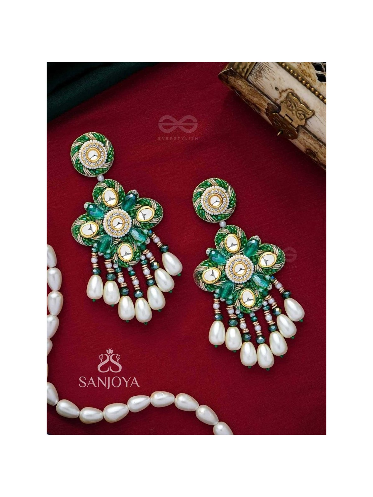 Anutva - The Royal Embrace - Pearls, Beads, Cutdana, Polki And Kundan Finished Hand Embroidered Earrings 