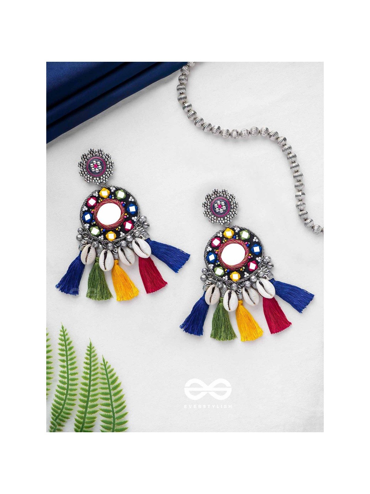 MANOHARAAKARA - THE ENCHANTING SHADES - MIRROR, BEADS AND SHELL EMBROIDERED AND OXIDISED EARRINGS