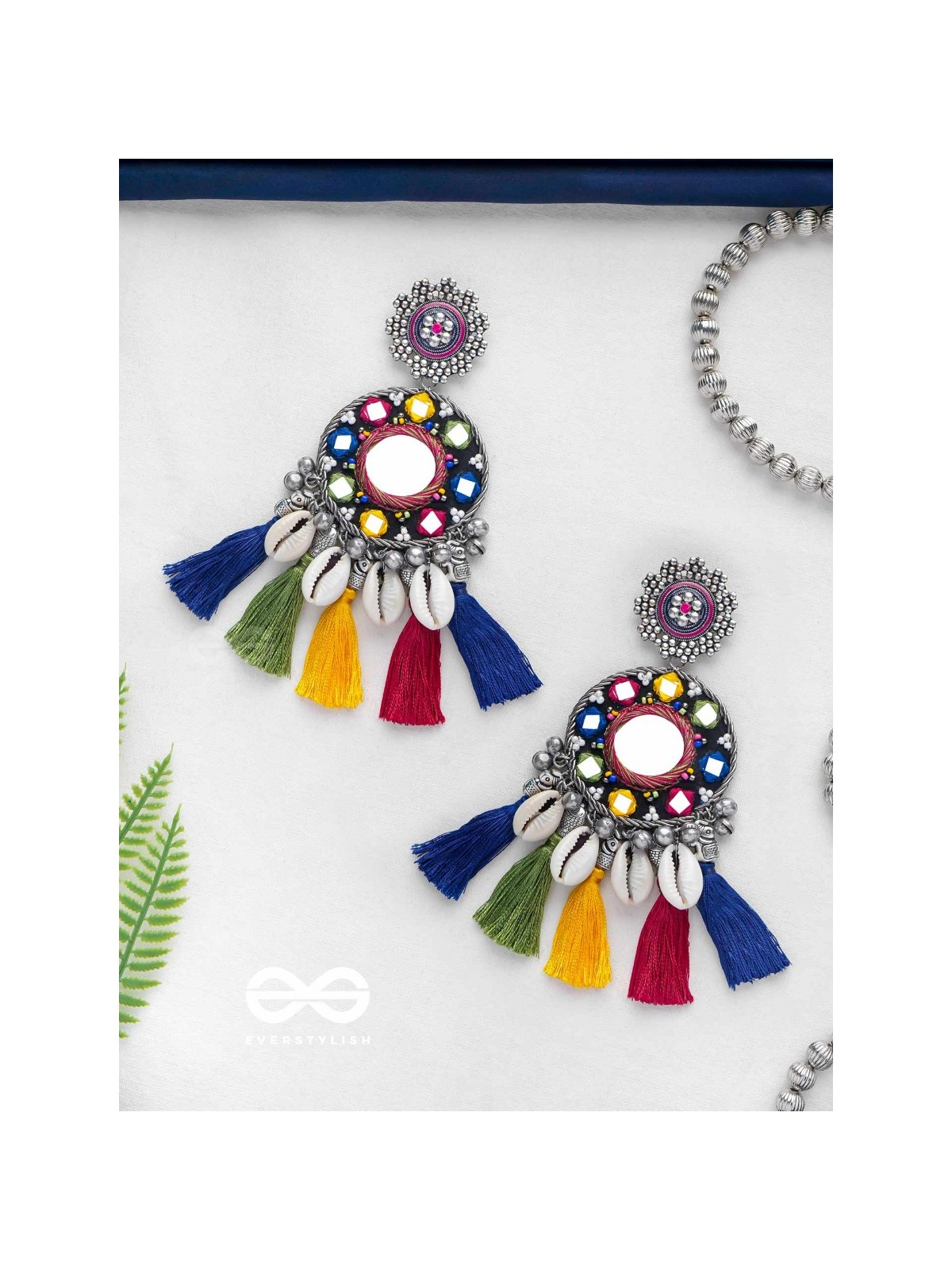 MANOHARAAKARA - THE ENCHANTING SHADES - MIRROR, BEADS AND SHELL EMBROIDERED AND OXIDISED EARRINGS