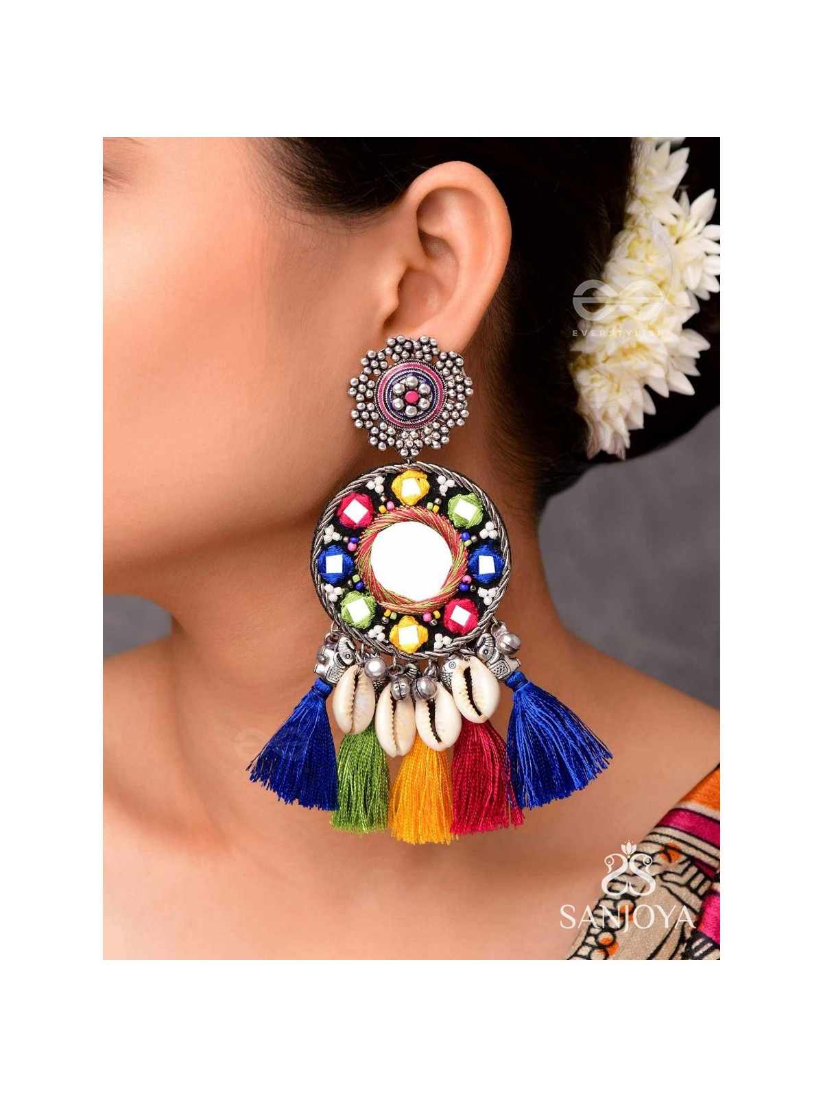 MANOHARAAKARA - THE ENCHANTING SHADES - MIRROR, BEADS AND SHELL EMBROIDERED AND OXIDISED EARRINGS