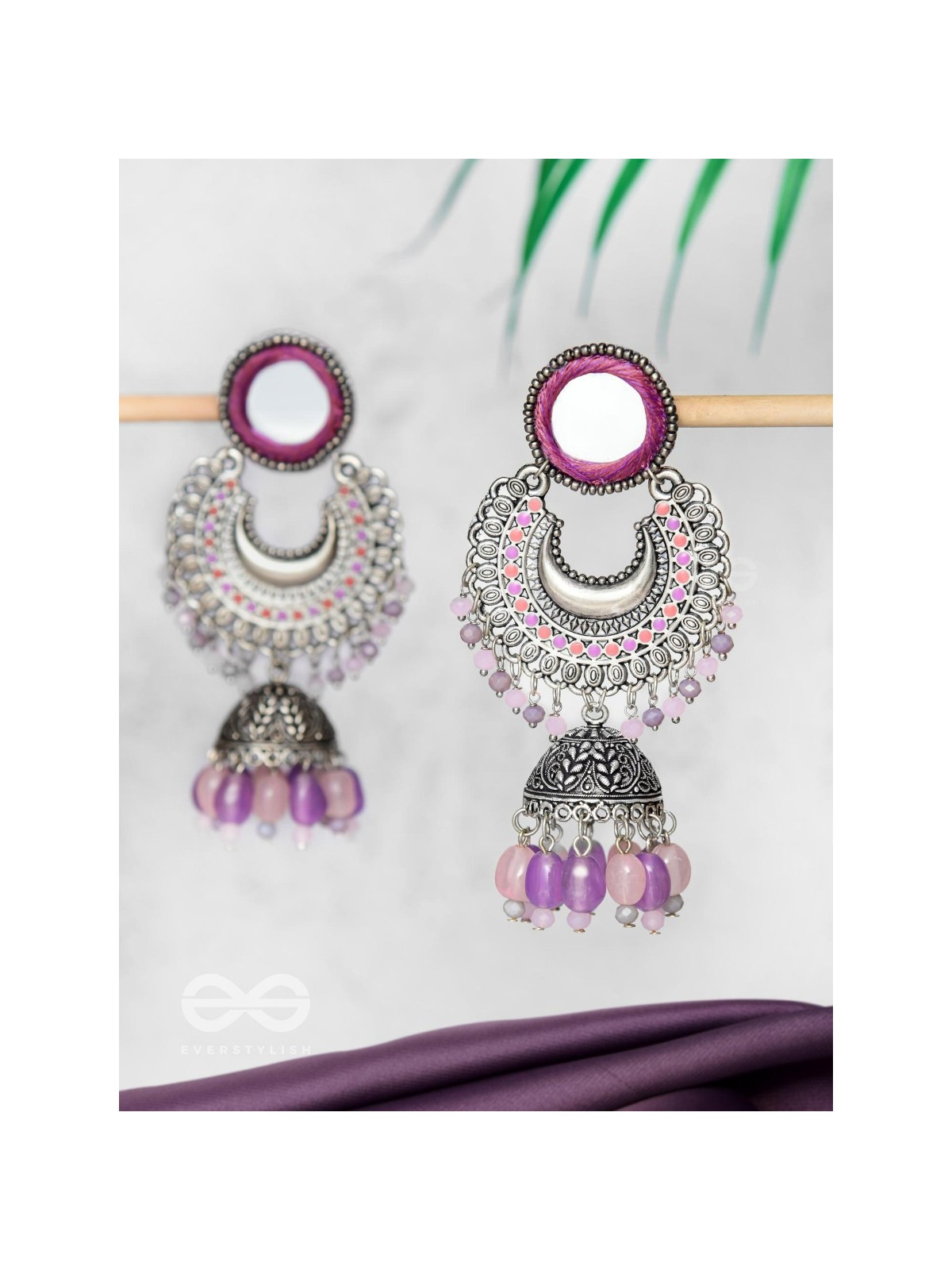 Muktavali - The Ethereal Symphony - Mirror And Beads Hand Embroidered Oxidised Earrings