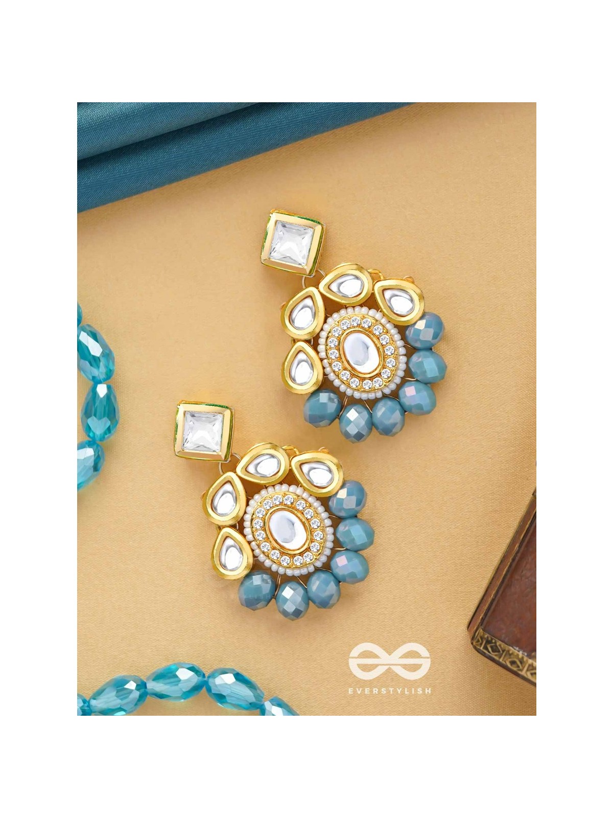 Mandanila - Breeze Of Azure - Golden Embellished Polki And Kundan Earrings 