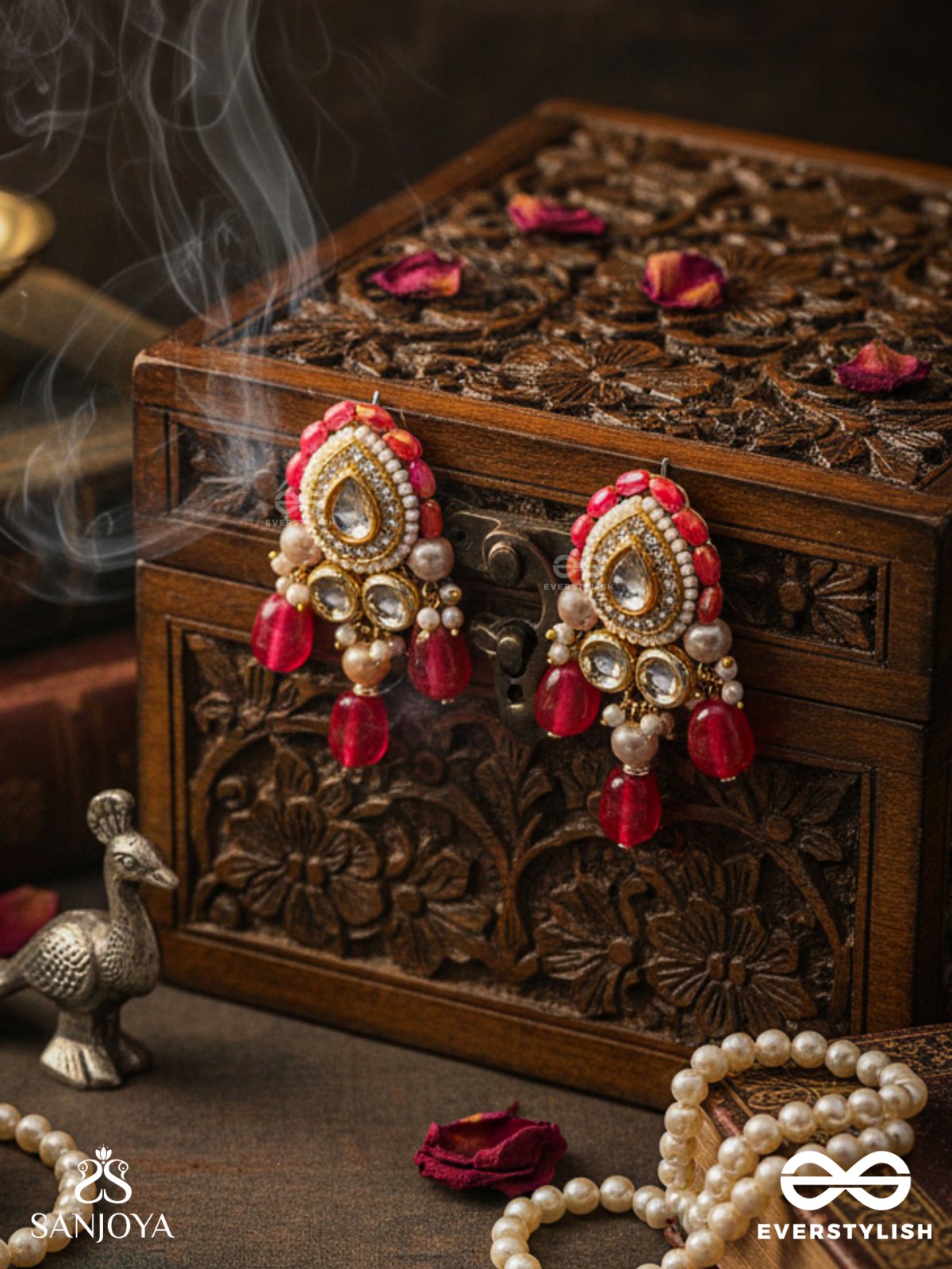 Shikhandika - Ruby Echoes - Golden Embellished Polki And Kundan Earrings