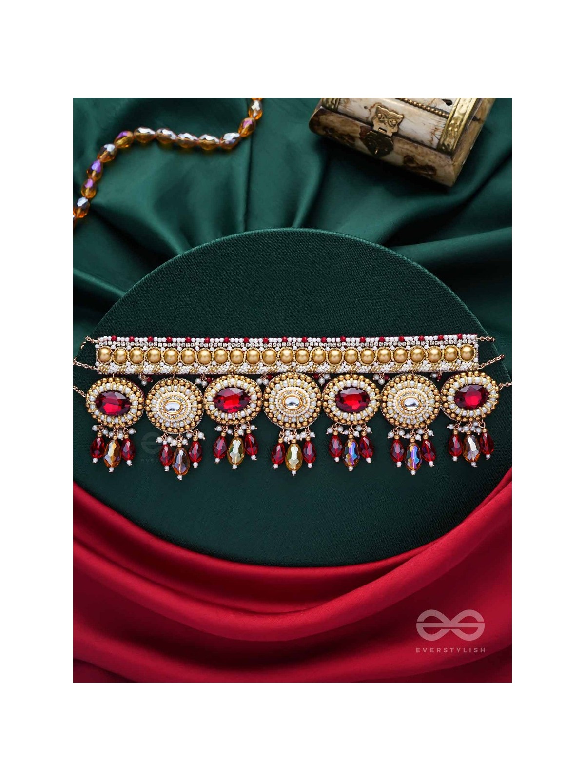 Ratula - The Crimson Majesty - Stones, Beads And Glass Drops Embroidered Necklace