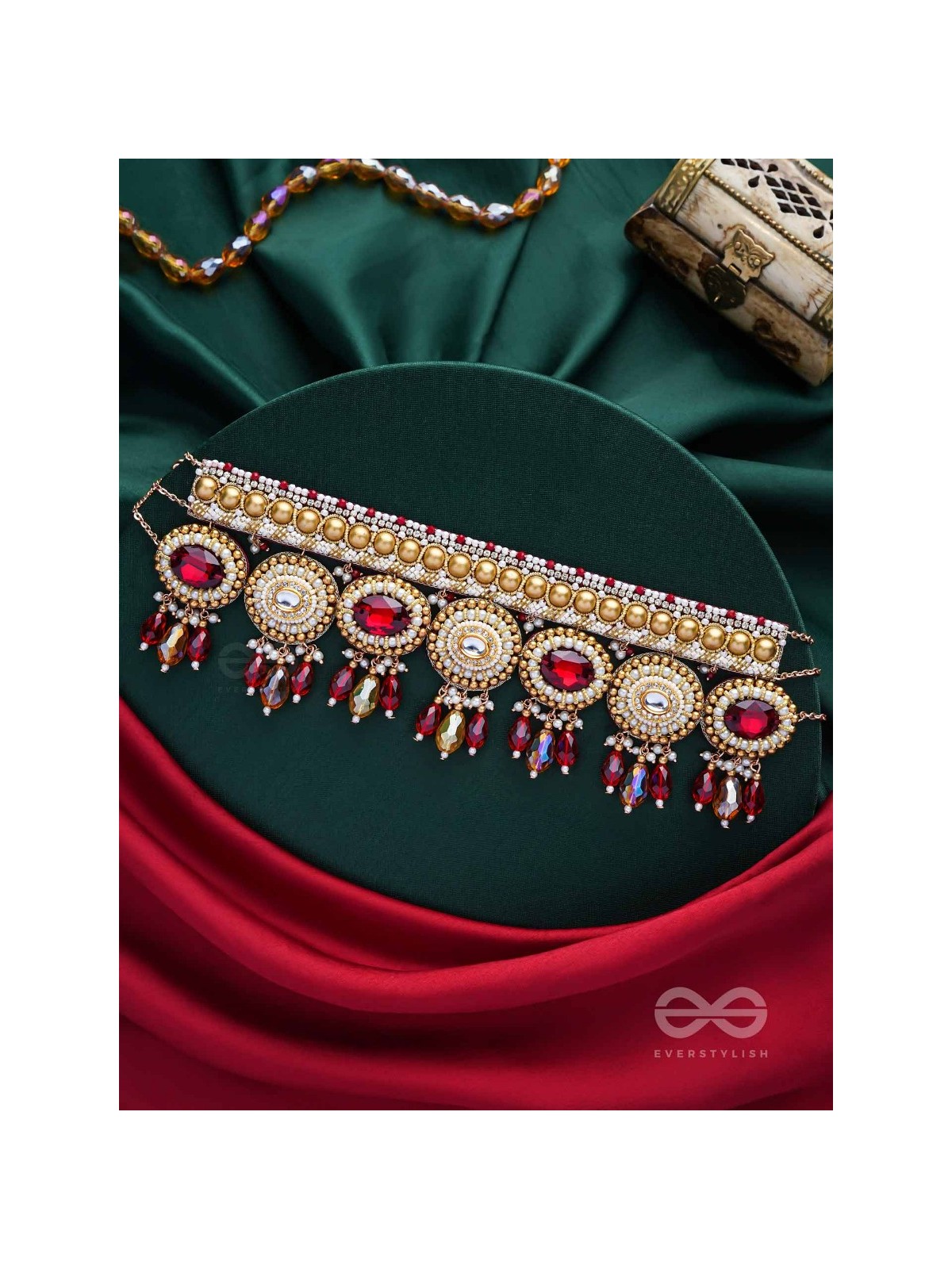 Ratula - The Crimson Majesty - Stones, Beads And Glass Drops Embroidered Necklace