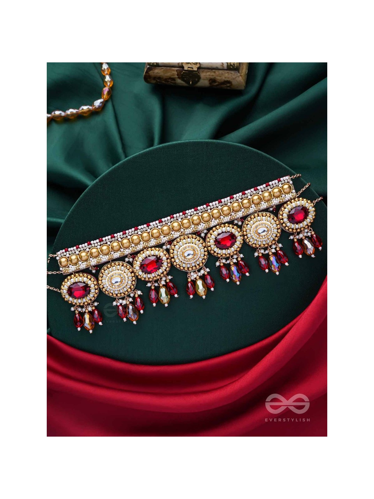 Ratula - The Crimson Majesty - Stones, Beads And Glass Drops Embroidered Necklace