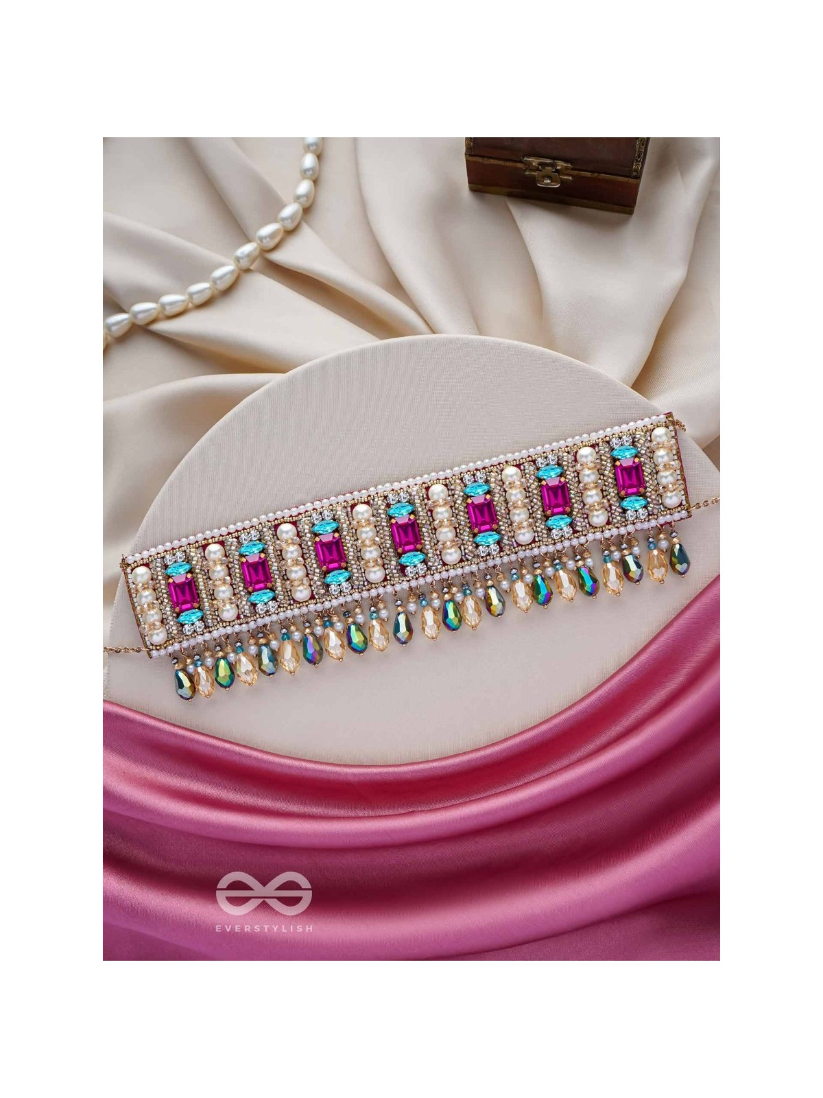 Karika - Prismatic Allure - Stones, Beads And Glass Drops Hand Embroidered Neckpiece