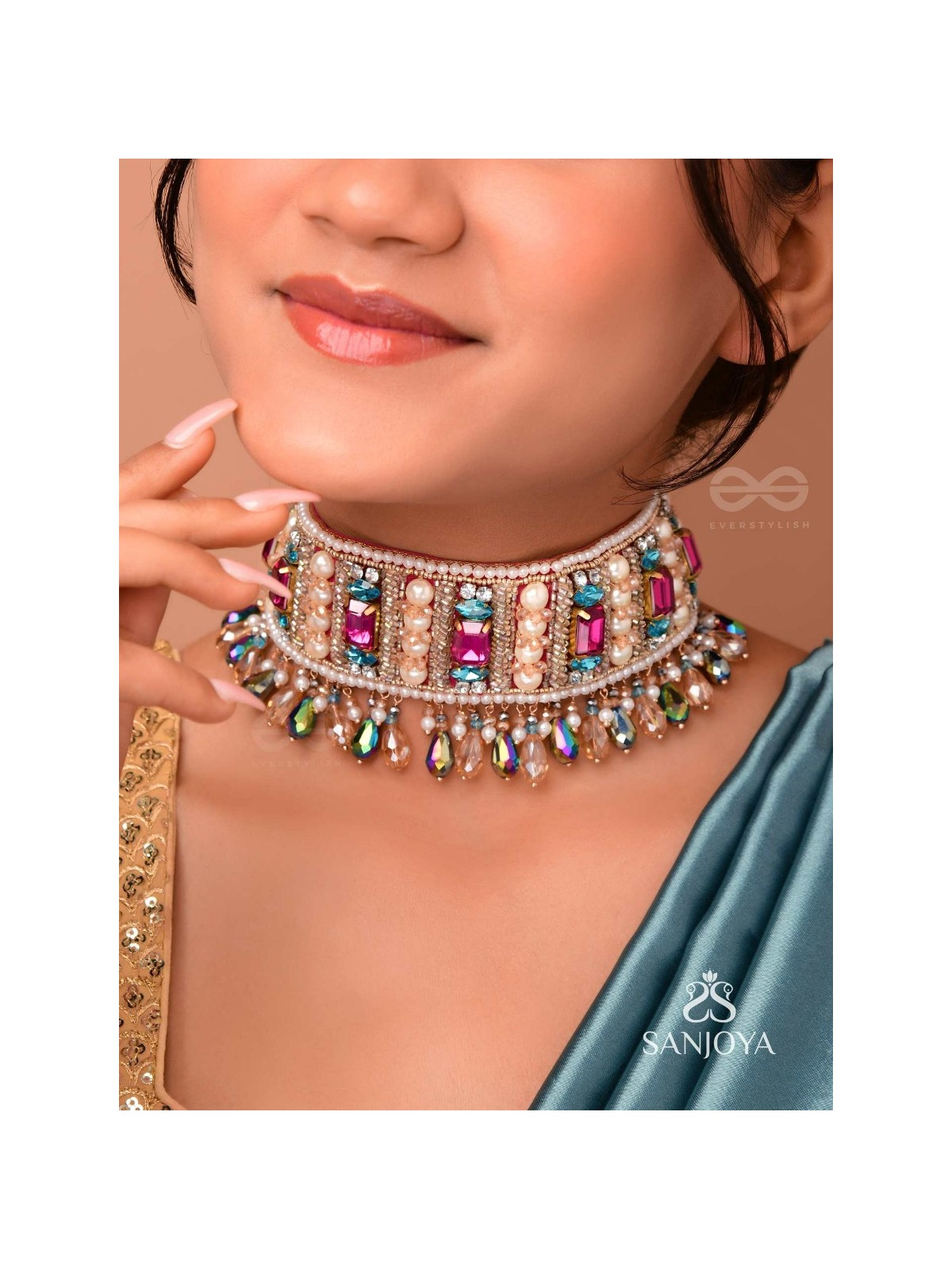 Karika - Prismatic Allure - Stones, Beads And Glass Drops Hand Embroidered Neckpiece