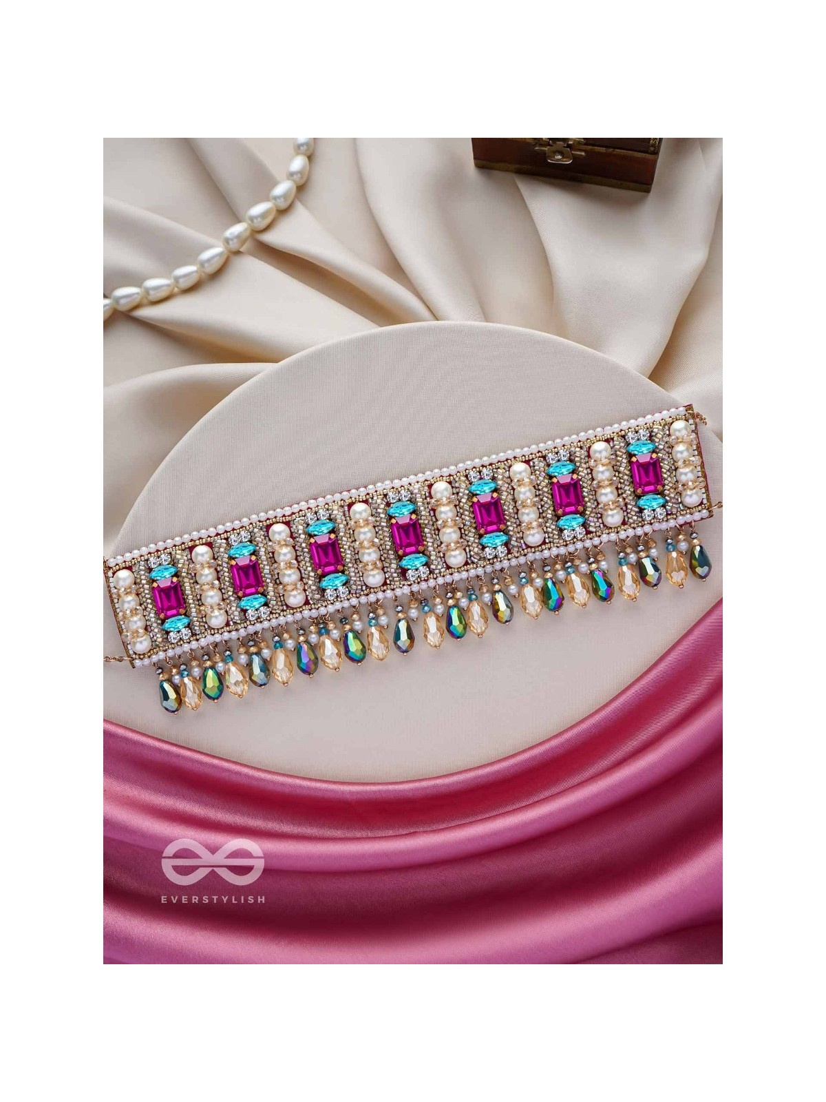 Karika - Prismatic Allure - Stones, Beads And Glass Drops Hand Embroidered Neckpiece