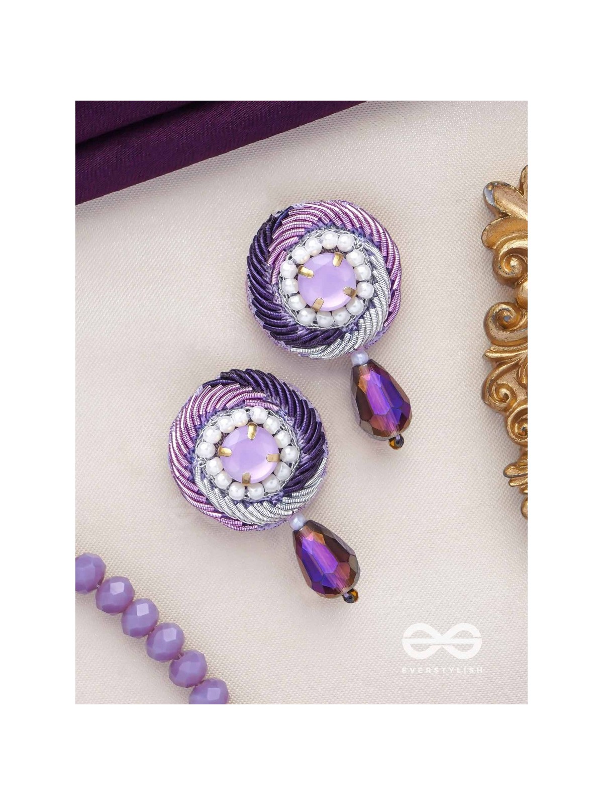 Arani - The Turning Round - Stone, Beads And Glass Drop Hand Embroidered Earrings