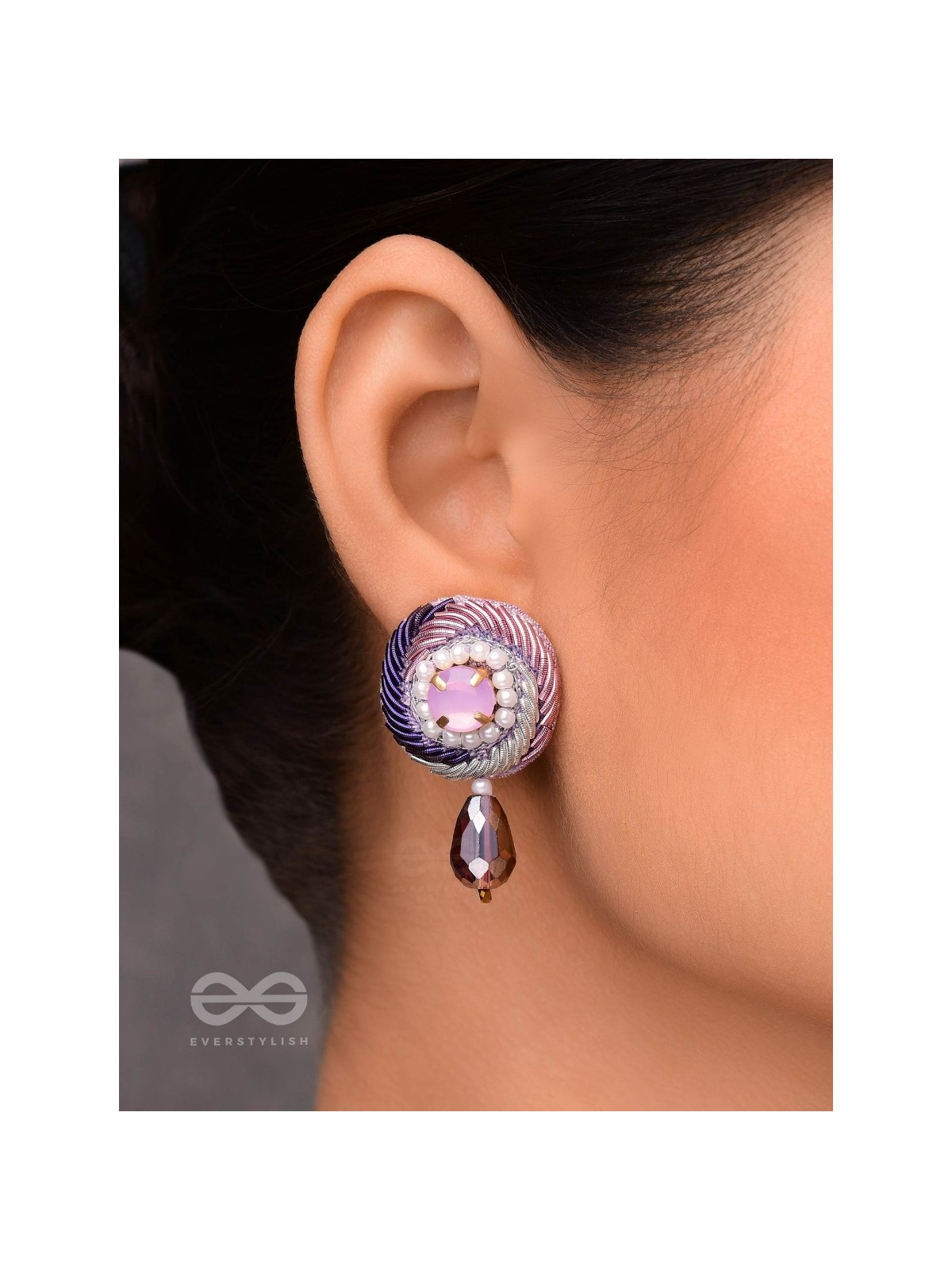 Arani - The Turning Round - Stone, Beads And Glass Drop Hand Embroidered Earrings