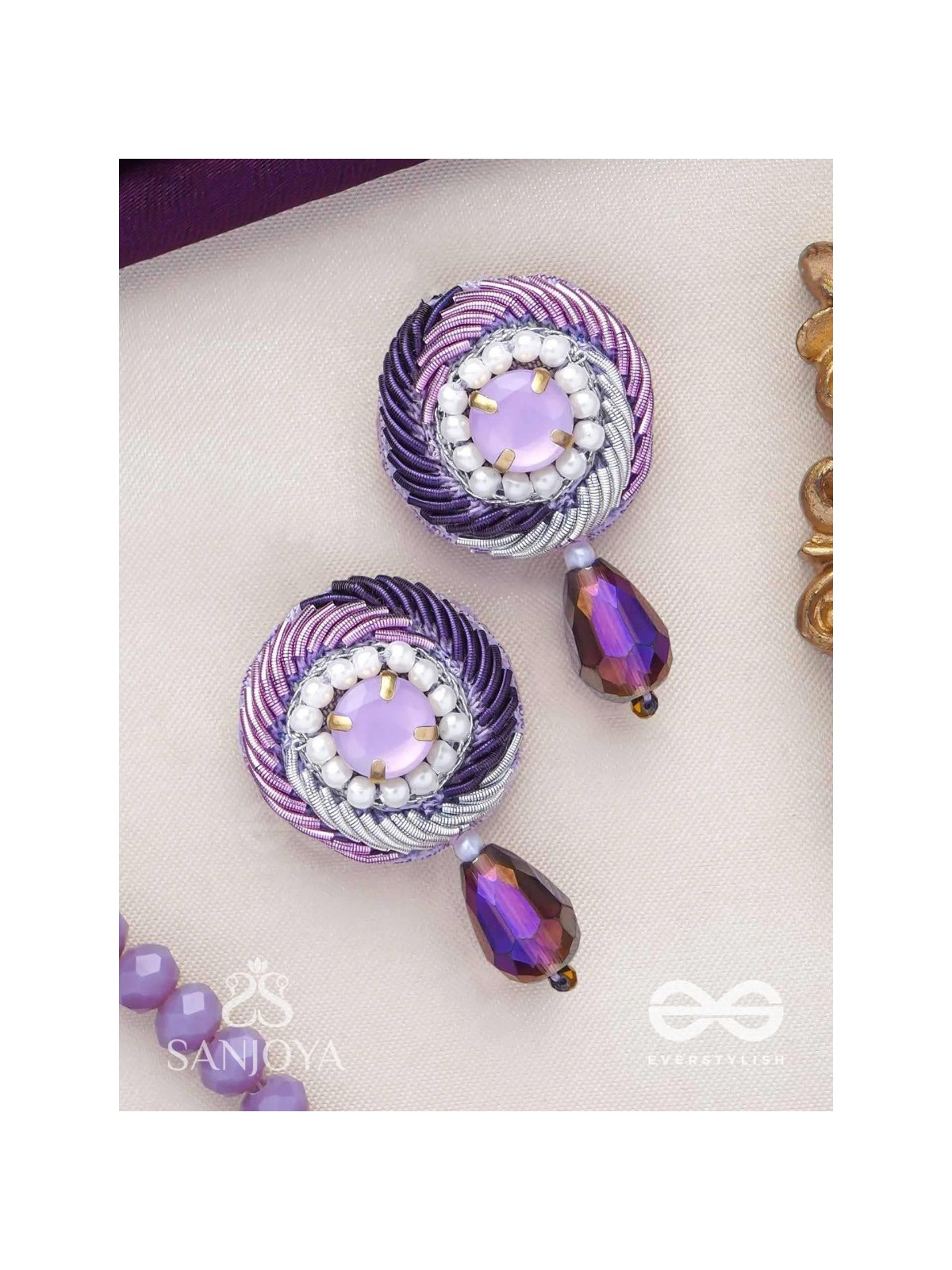 Arani - The Turning Round - Stone, Beads And Glass Drop Hand Embroidered Earrings