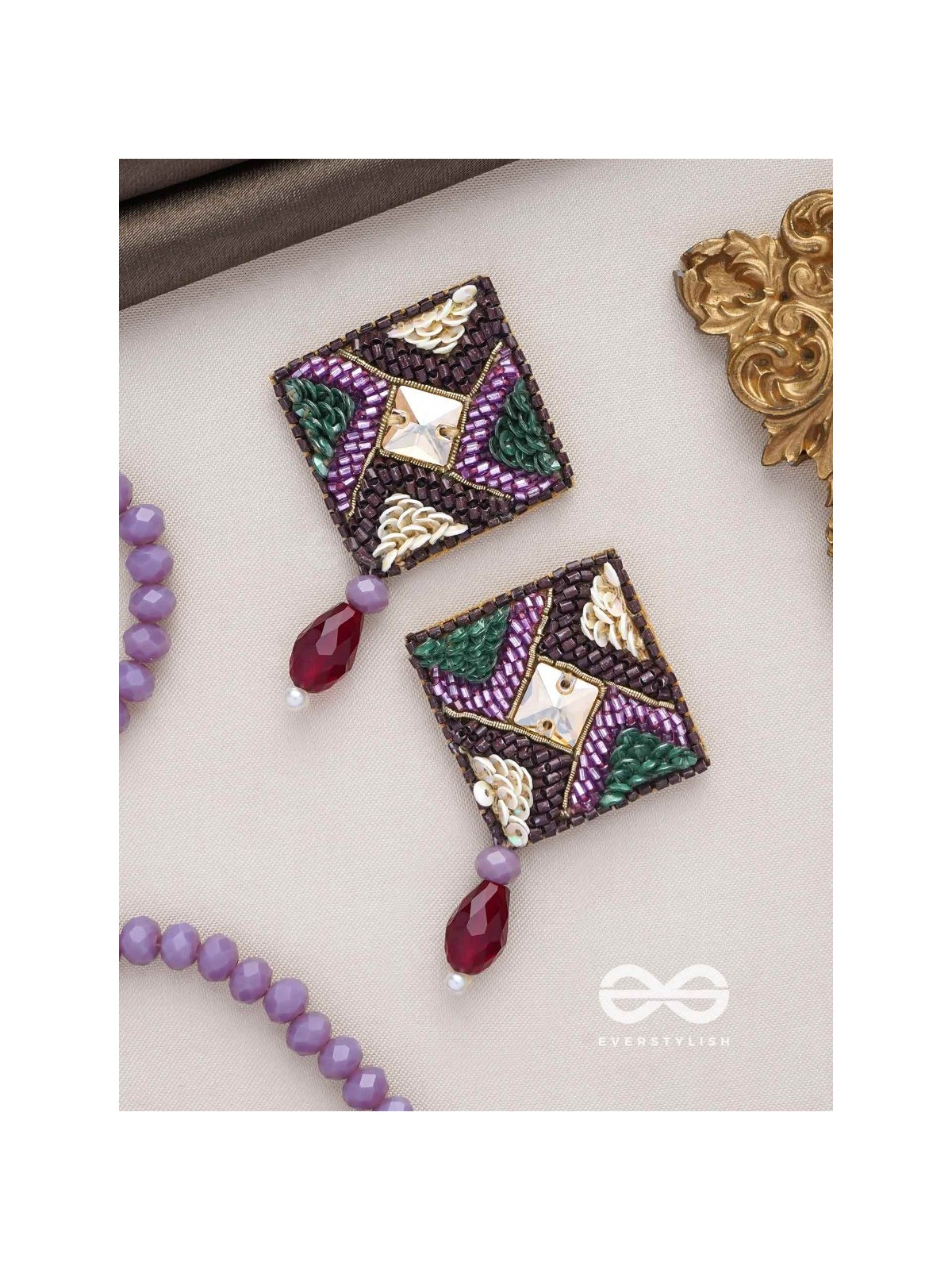 DEVATTI - THE DYNAMIC DELIGHT - STONE, GLASS DROP AND SEQUINS EMBROIDERED EARRINGS
