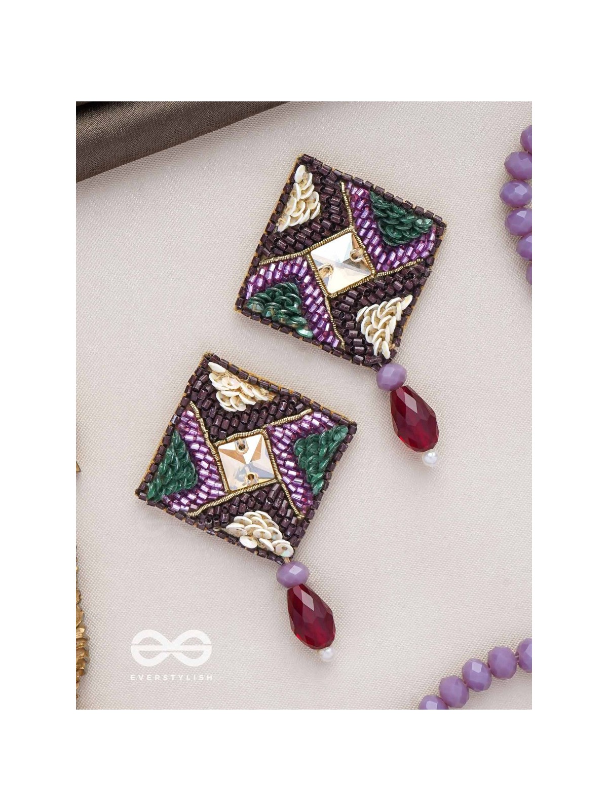 DEVATTI - THE DYNAMIC DELIGHT - STONE, GLASS DROP AND SEQUINS EMBROIDERED EARRINGS
