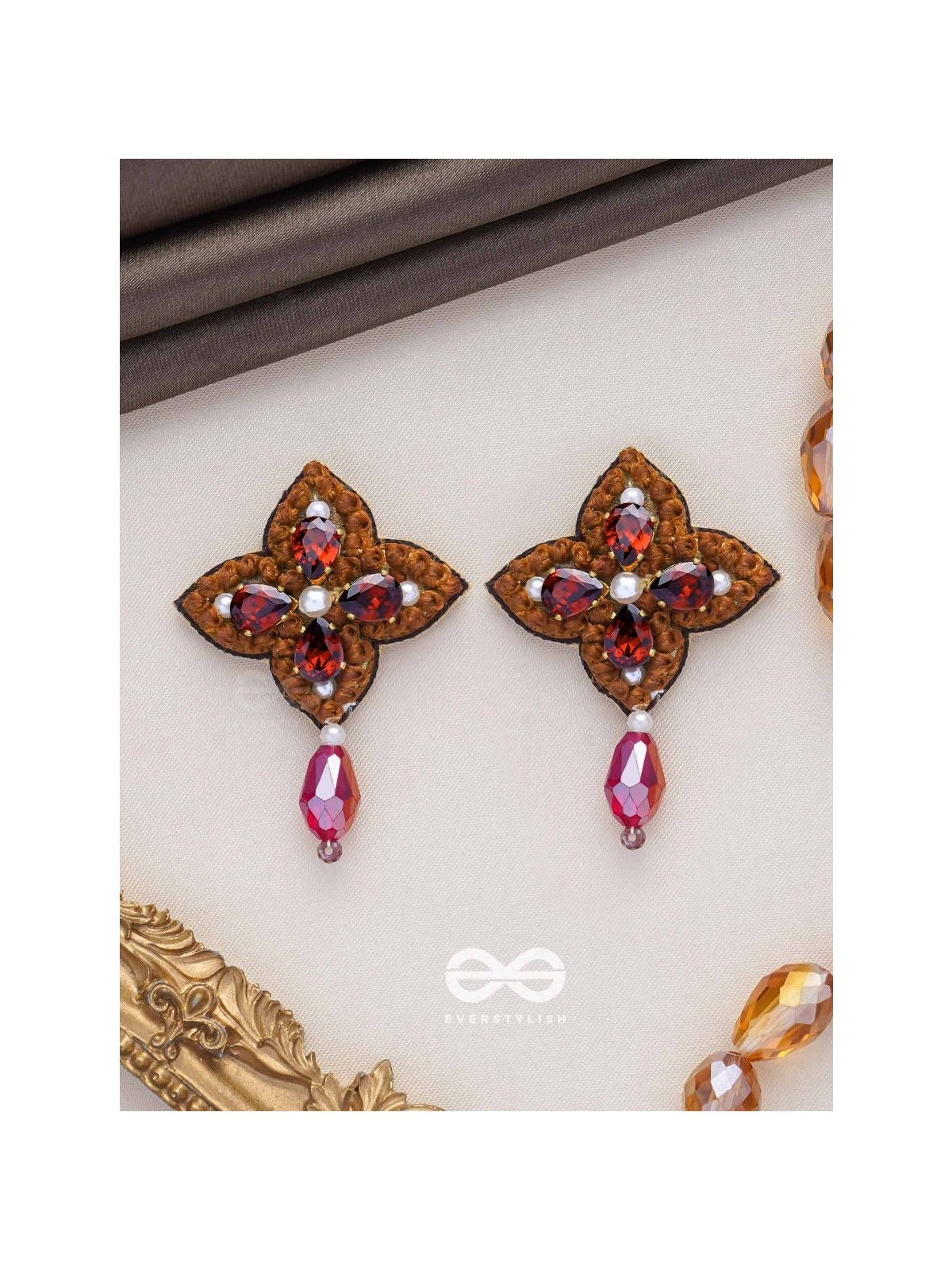 KUVALAYA - THE SCARLET BLOOM - STONE AND GLASS DROP EMBROIDERED EARRINGS