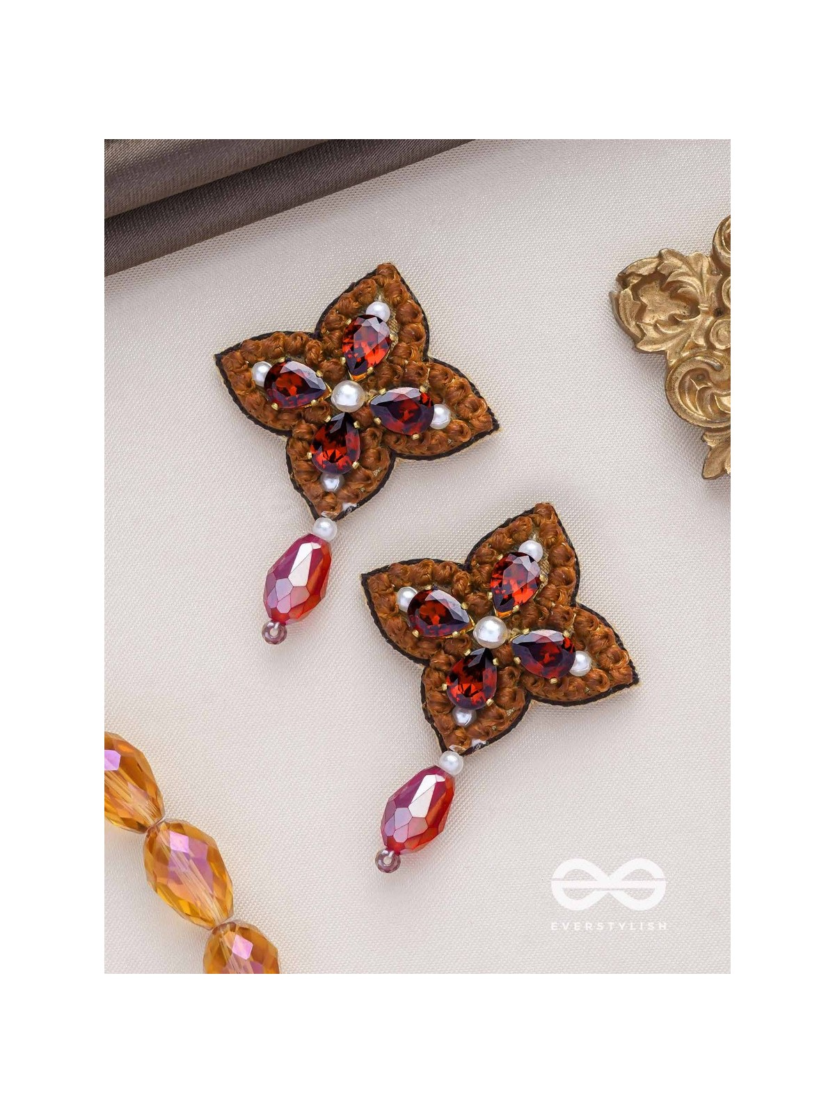 KUVALAYA - THE SCARLET BLOOM - STONE AND GLASS DROP EMBROIDERED EARRINGS