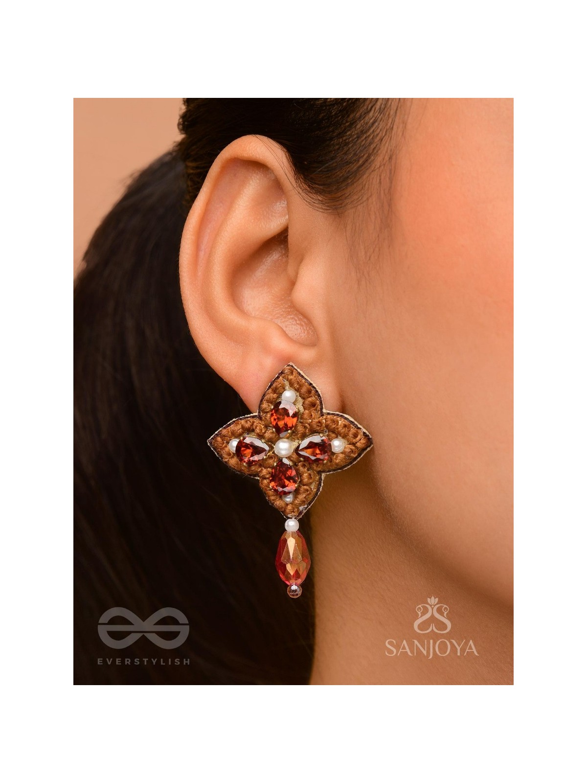 KUVALAYA - THE SCARLET BLOOM - STONE AND GLASS DROP EMBROIDERED EARRINGS