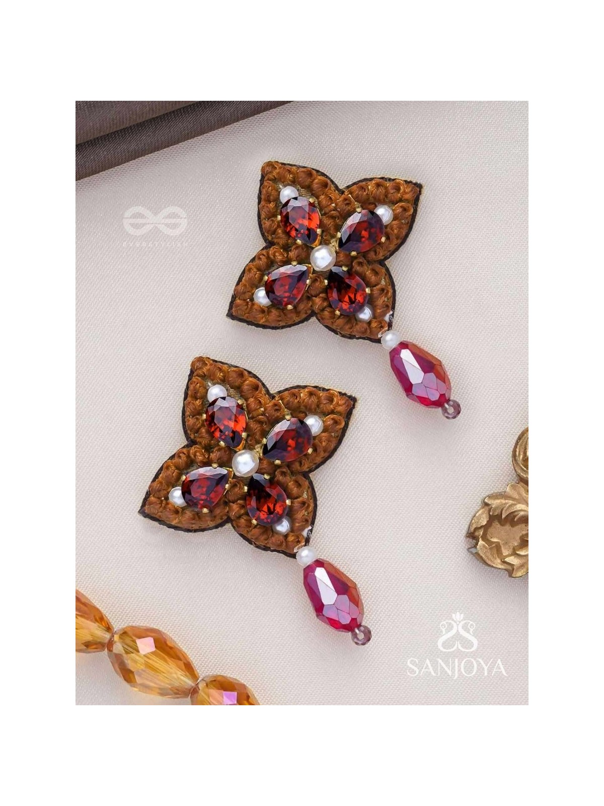 KUVALAYA - THE SCARLET BLOOM - STONE AND GLASS DROP EMBROIDERED EARRINGS