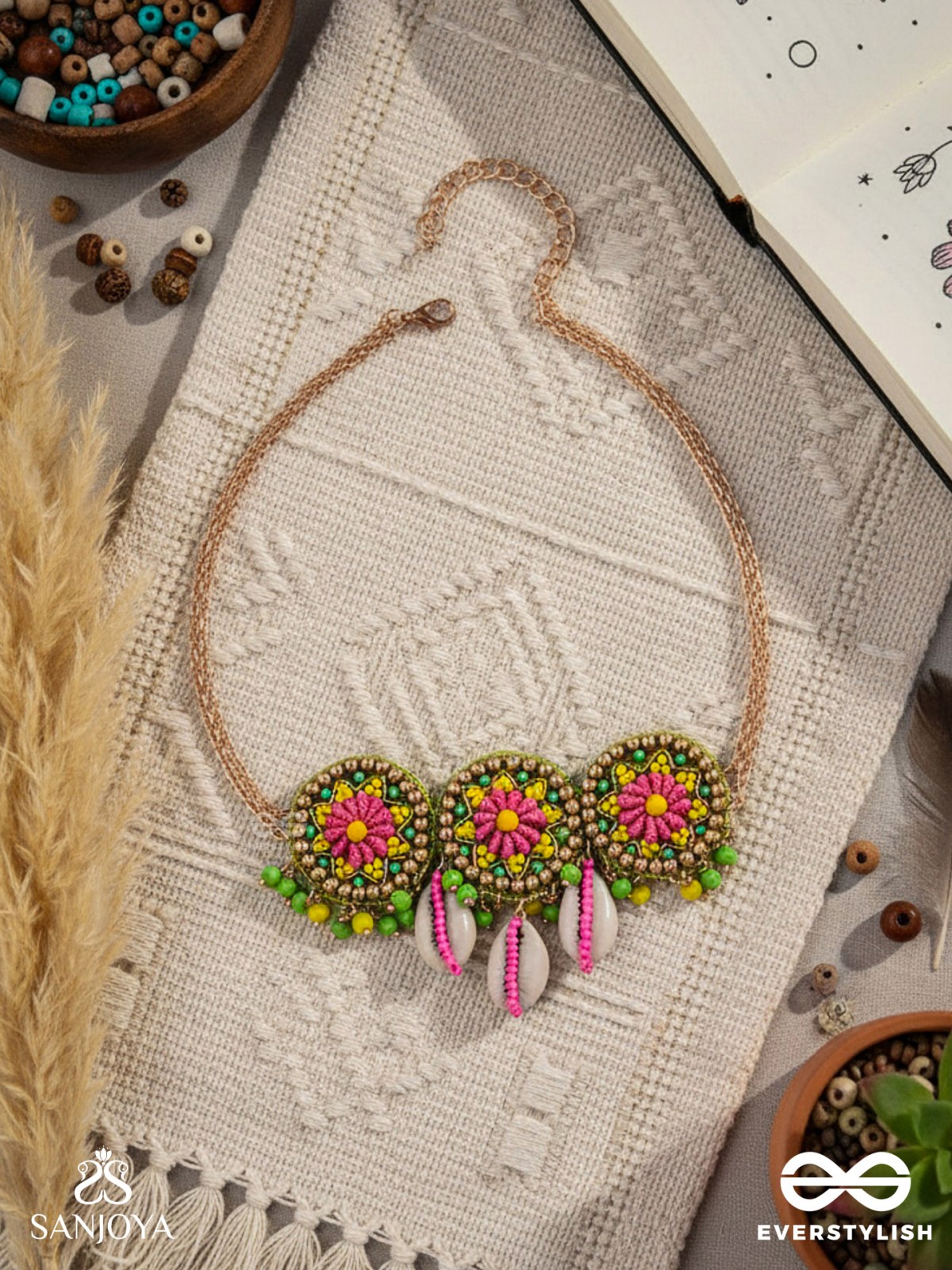 SAKOSHA - THE SEASHELL BEAUTY - SHELLS, BEADS AND RESHAM EMBROIDERED NECKPIECE