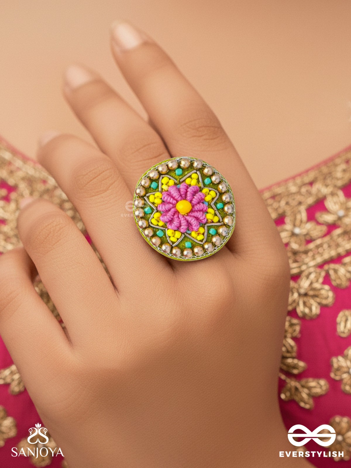 Praphulti - Blooming Blossom - Beads And Resham Hand Embroidered Ring (Adjustable)