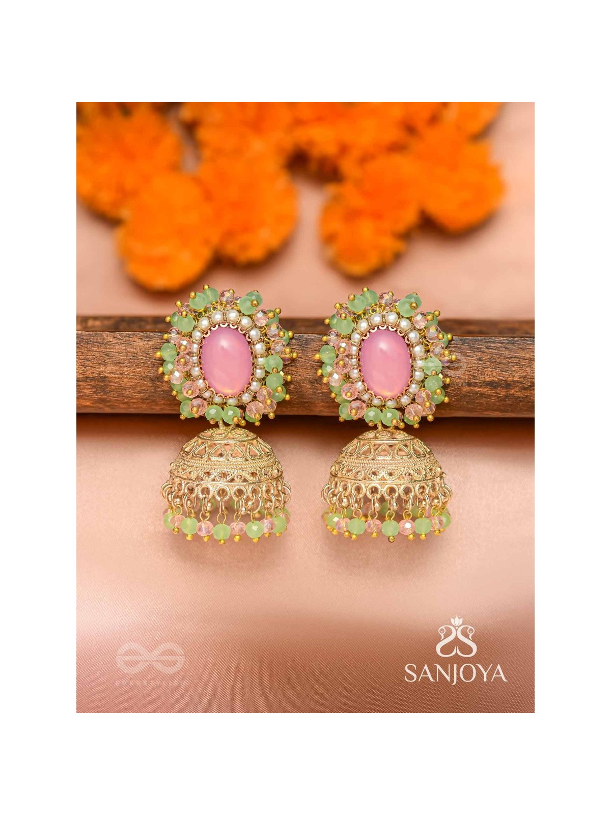 Hasyahina - The Blossoming Smile - Stone And Beads Hand Embroidered Jhumka Earrings