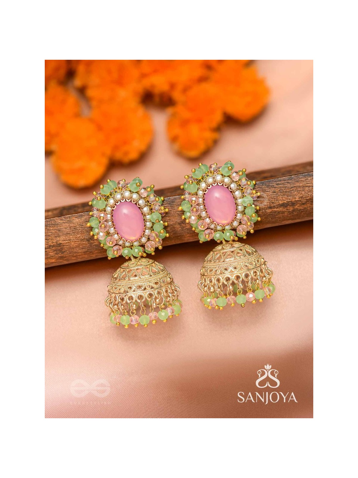 Hasyahina - The Blossoming Smile - Stone And Beads Hand Embroidered Jhumka Earrings