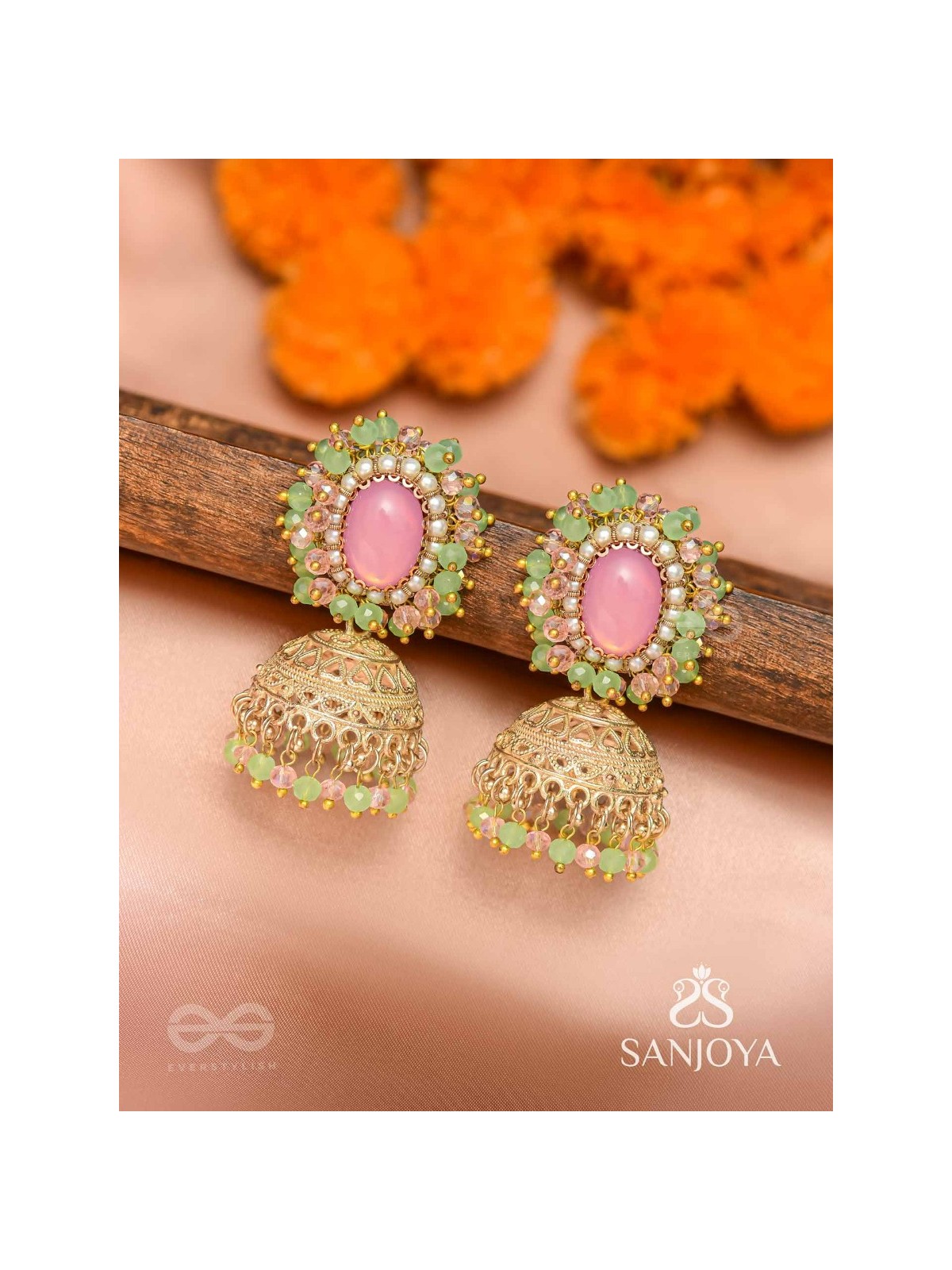Hasyahina - The Blossoming Smile - Stone And Beads Hand Embroidered Jhumka Earrings