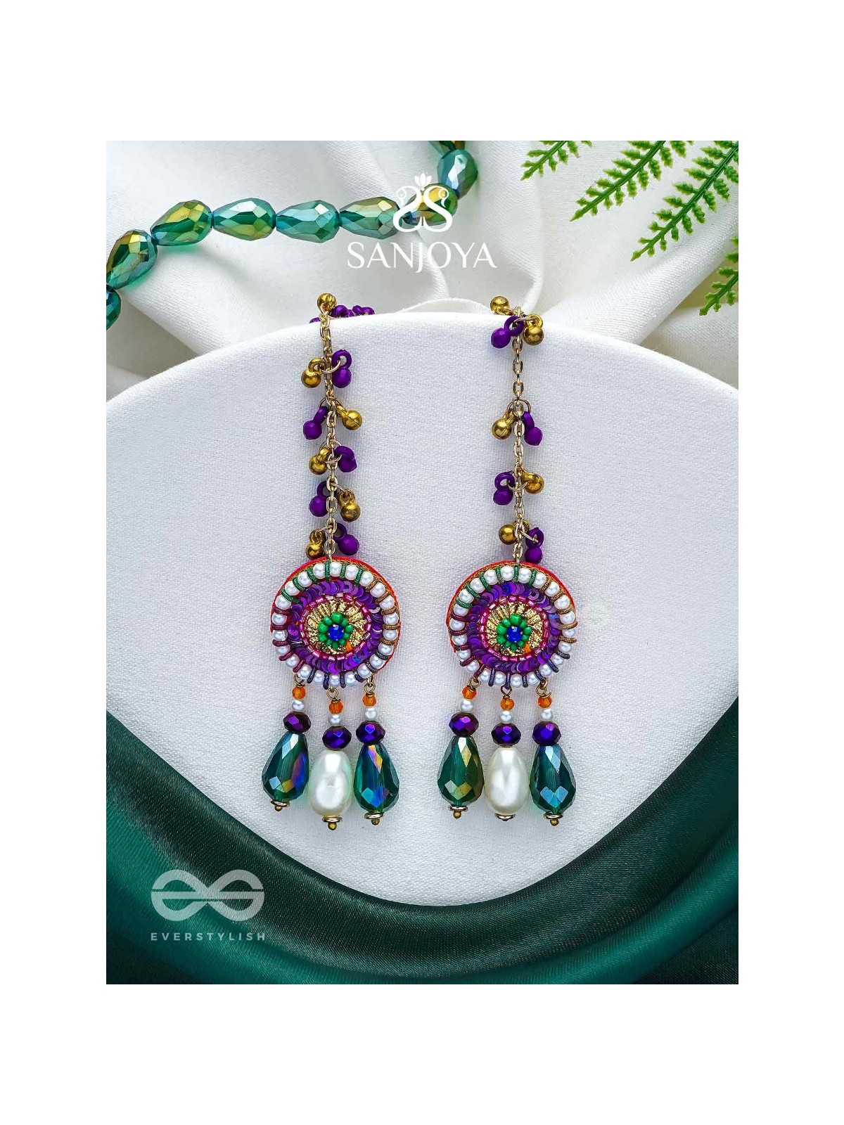 Pindalu - Majestic Plum Splendour - Beads, Sequins And Glass Drop Embroidered Earrings